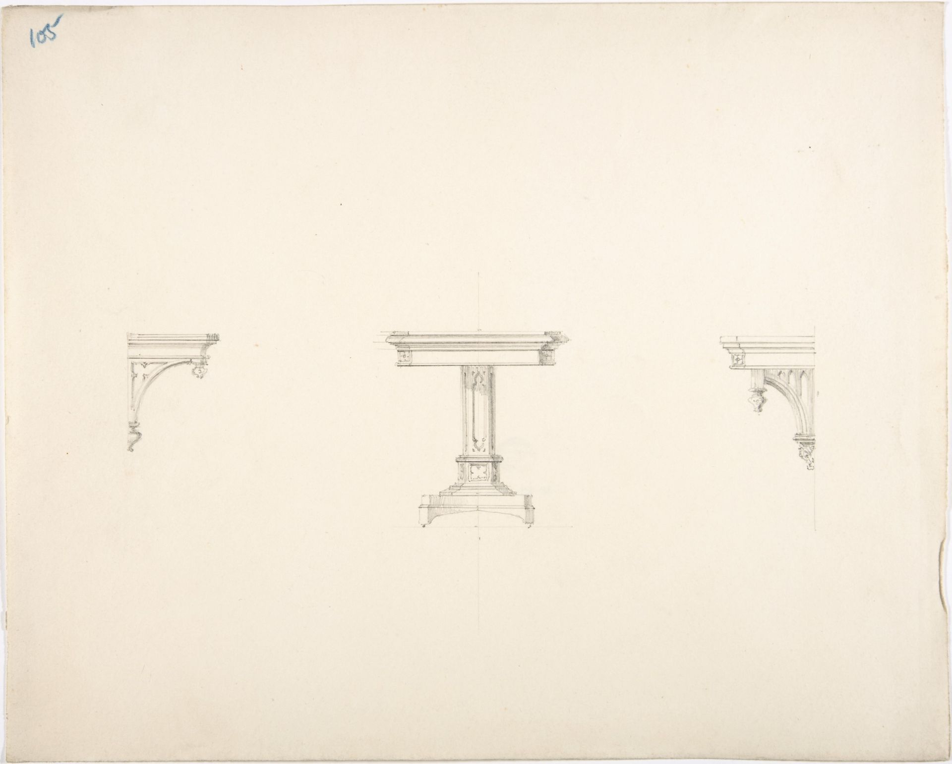 Design for a Small Gothic Pedestal Table and Two Brackets by Anonymous