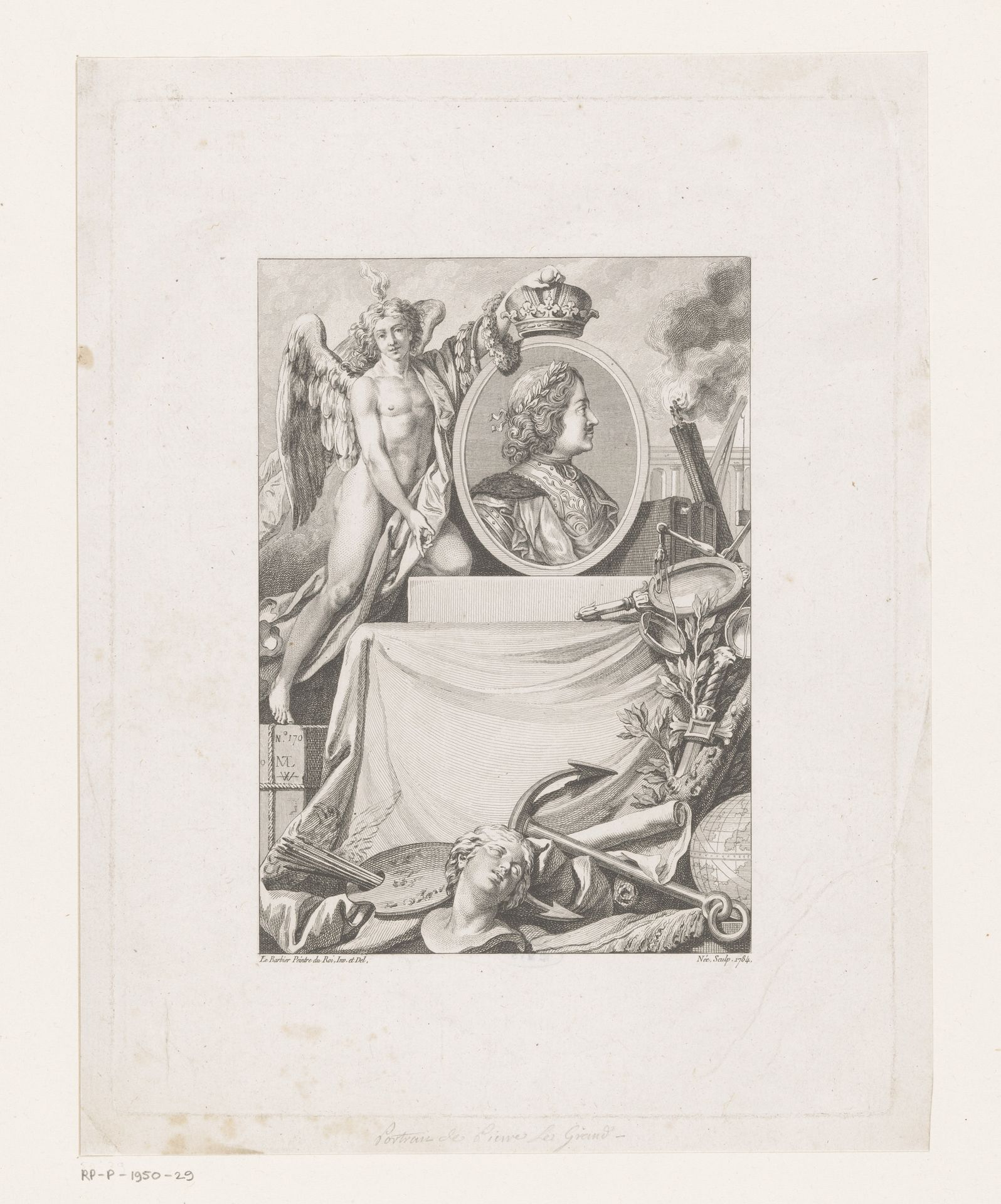 Portret van Peter I de Grote, opgehouden door een genio by François Denis Née