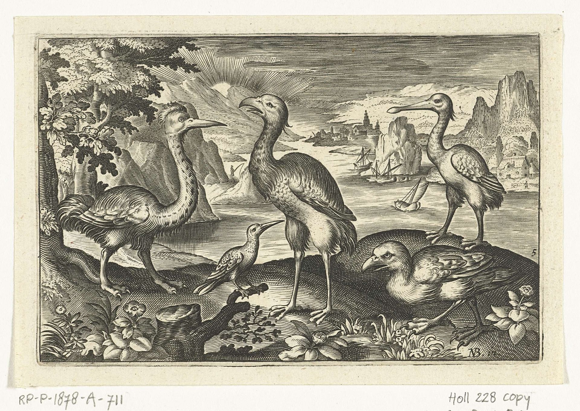 Vijf vogels waaronder lepelaar by Anonymous
