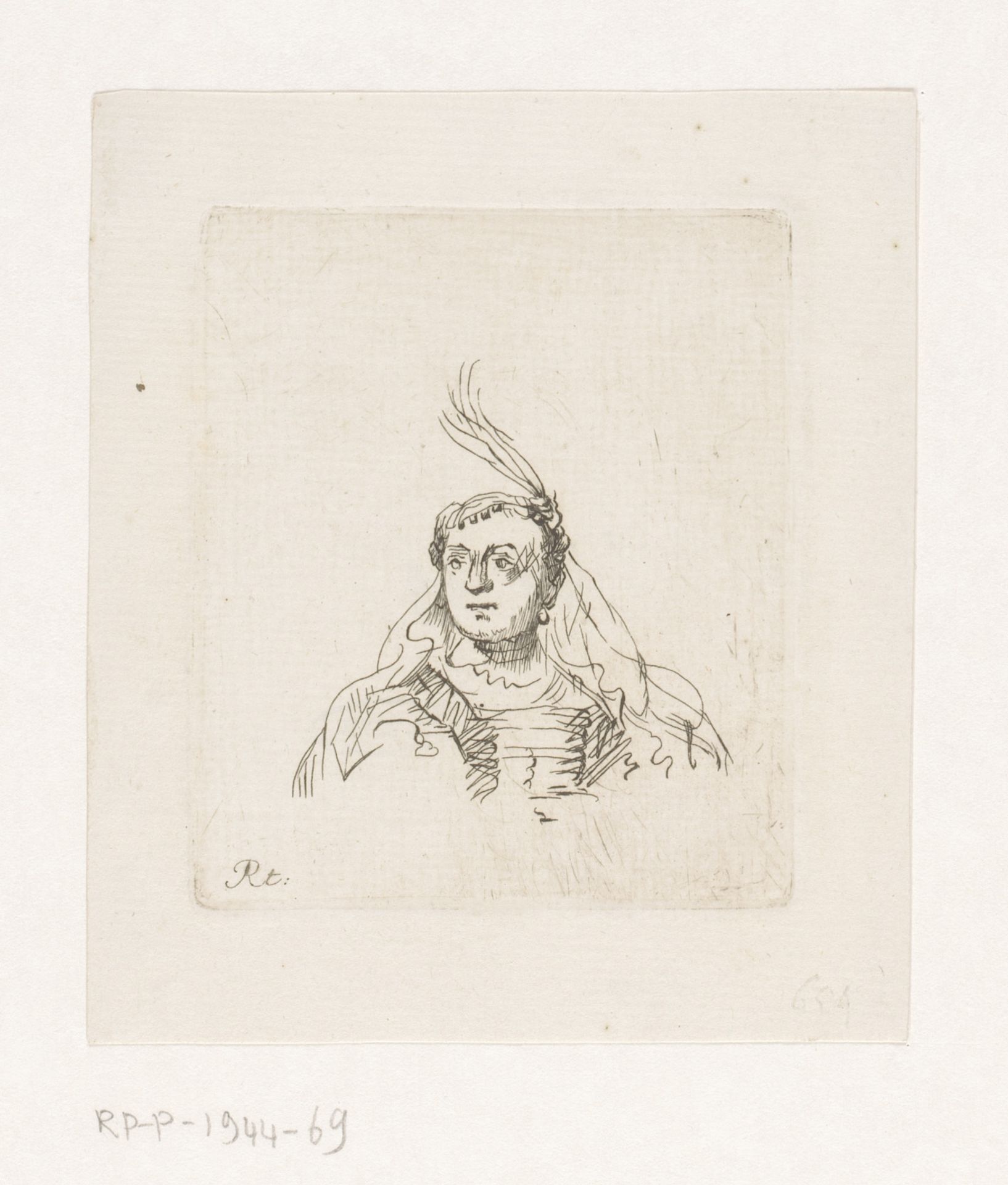 Vrouw met sluier en veer by Johann Daniel Laurentz