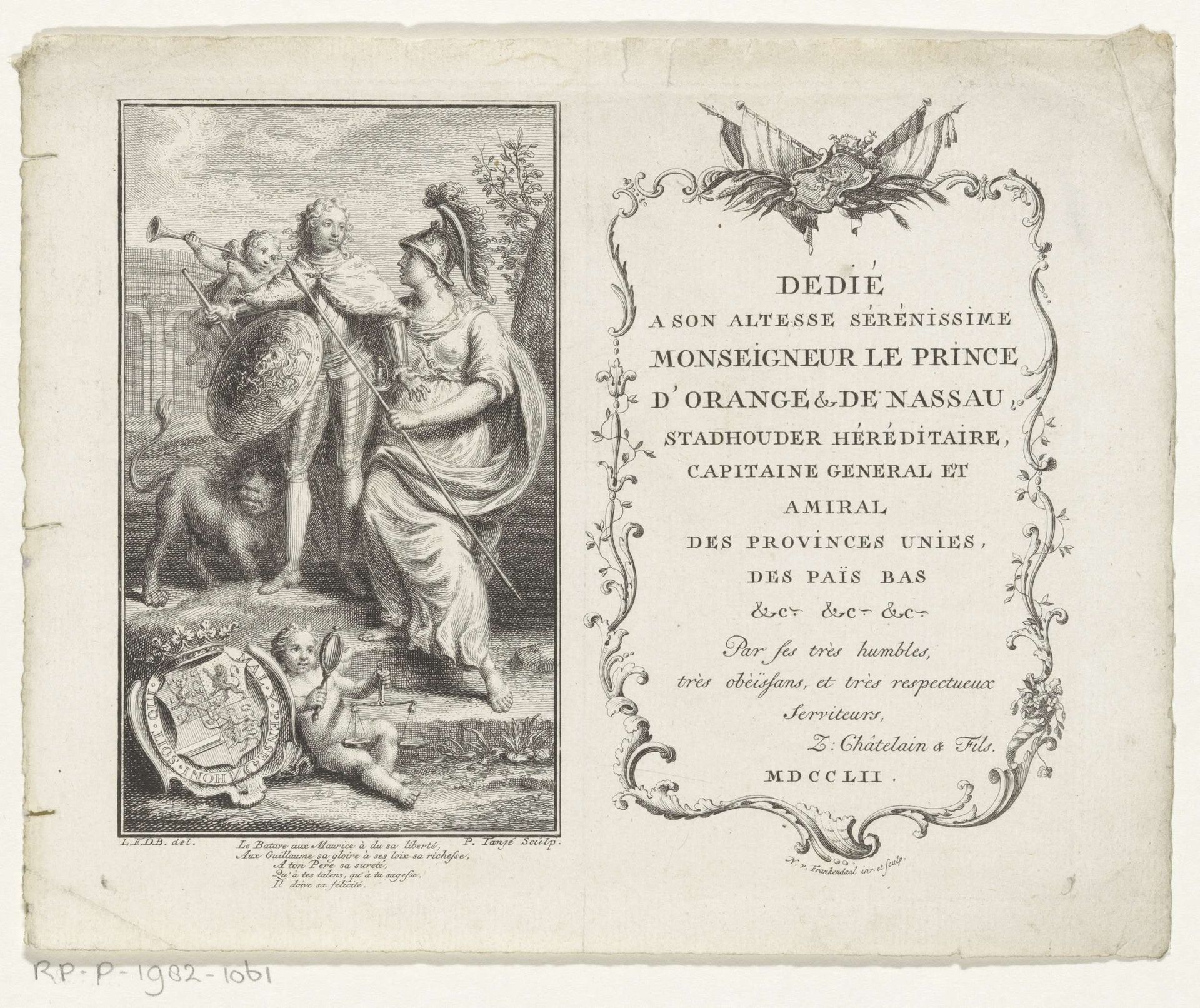 Prins Willem V van Oranje-Nassau ontvangt Minerva's schild by Pieter Tanjé
