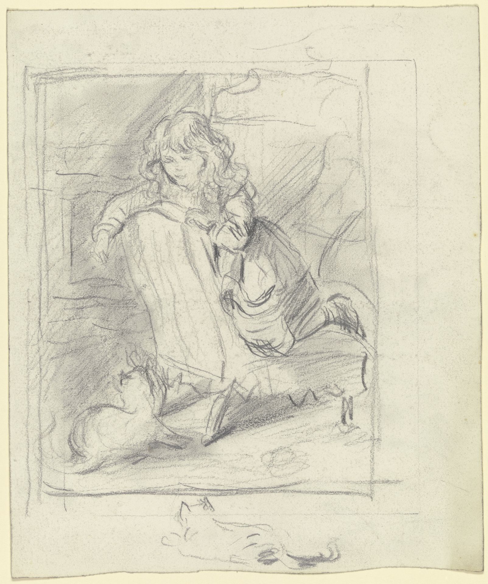 Mädchen auf einem Sessel, mit ihrer Katze spielend by Otto Scholderer