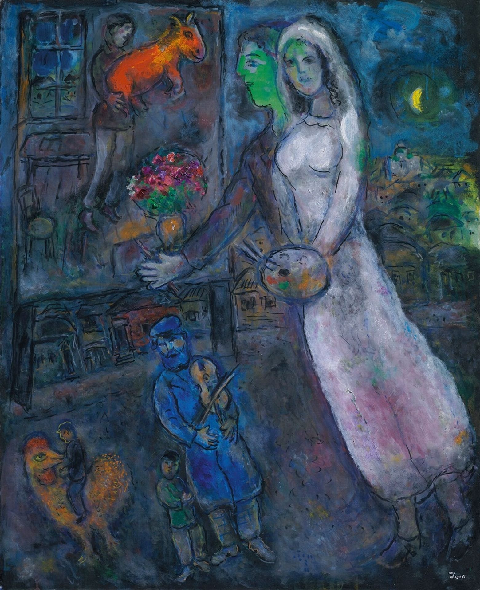 Le peintre, la mariée et son tableau ou Couple et violoniste by Marc Chagall