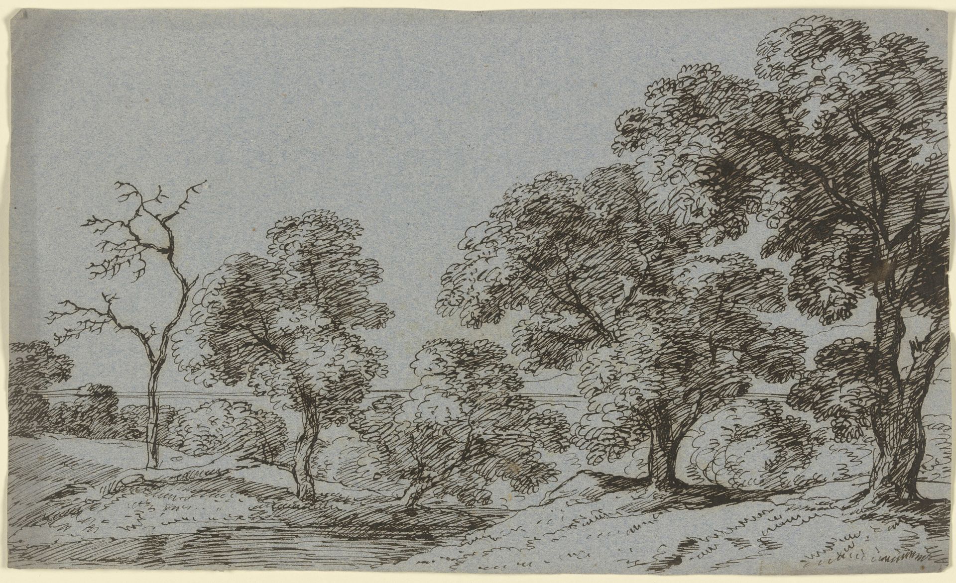 Baumbestandener Wasserlauf, ganz links ein abgestorbener Baum by Franz Kobell