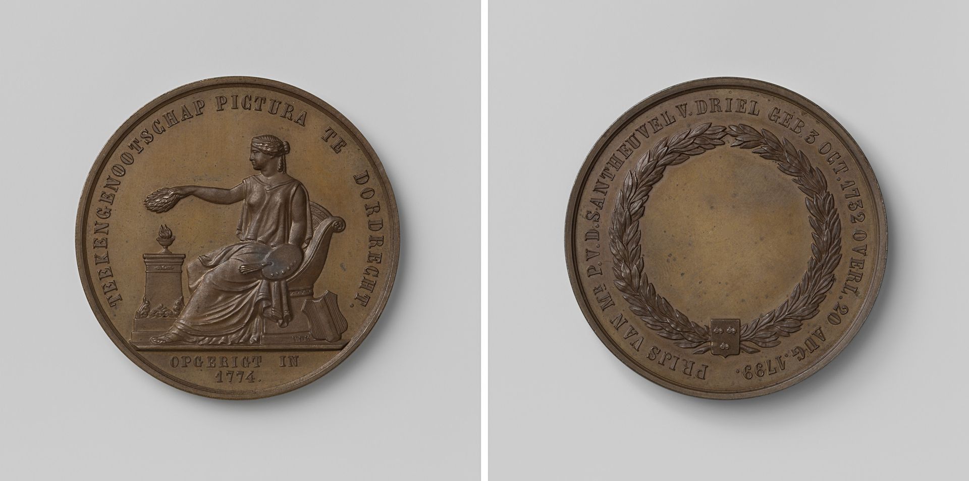 Tekengenootschap Pictura te Dordrecht, penning uitgereikt als tweede prijs, ter ere van P. van den Santheuvel-van Driel by David van der (1804-1879) Kellen