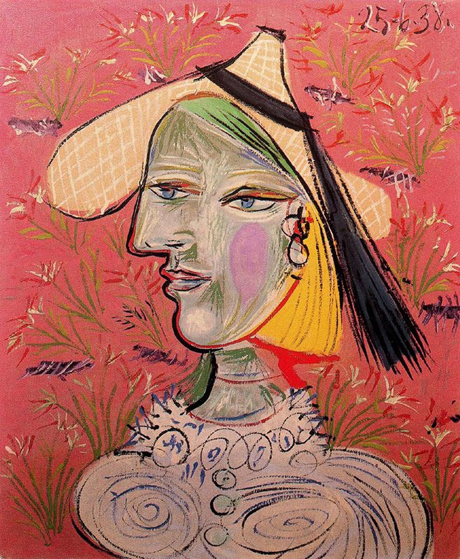 Woman with straw hat on flowery background by Pablo Picasso