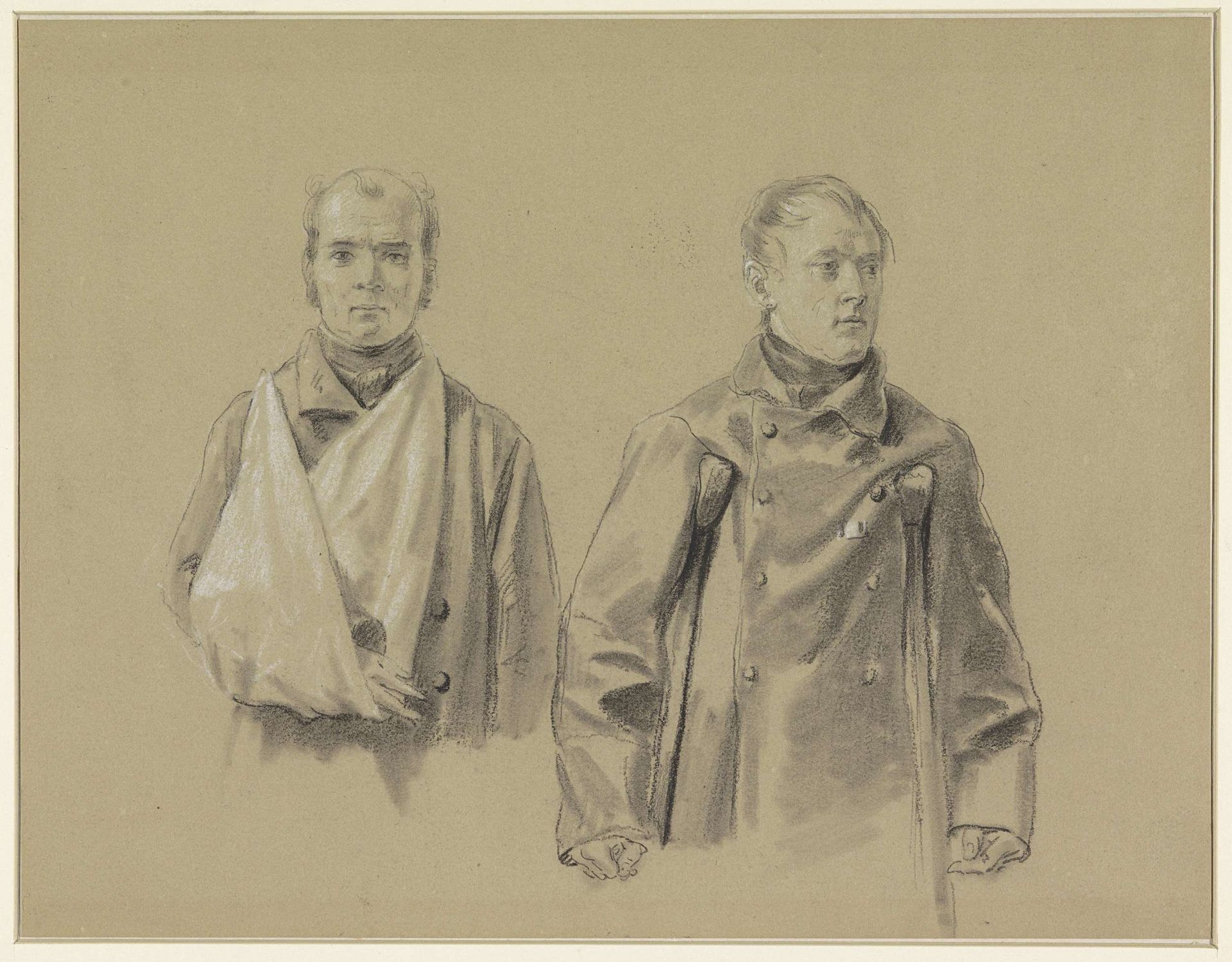 Twee gewonde soldaten, de linker met zijn arm in een mitella, de rechter op krukken by Jacob Joseph Eeckhout