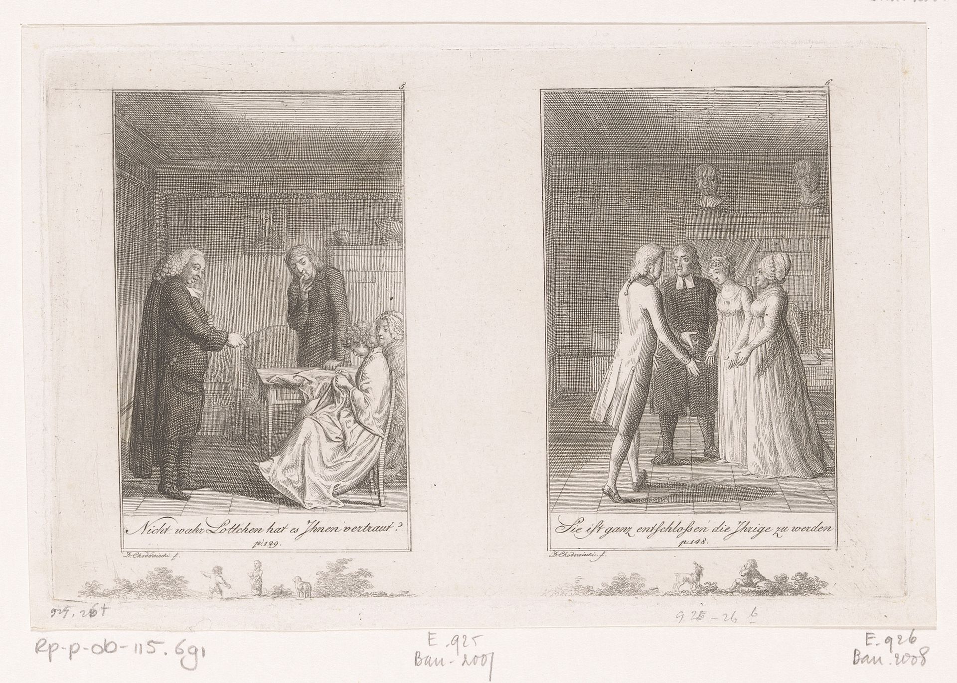 Twee voorstellingen uit de verhalen van Wilhelm Gottlieb Becker by Daniel Nikolaus Chodowiecki