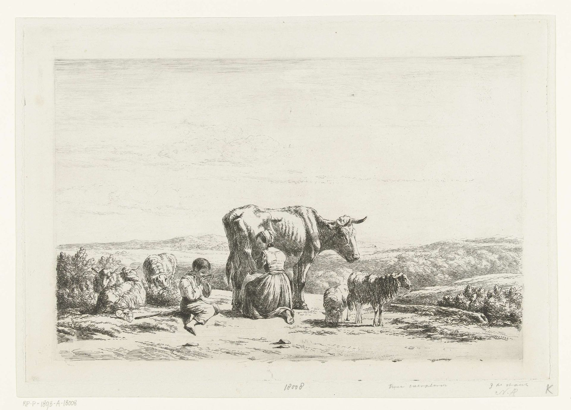 Landschap met vrouw die koe melkt en jongen met schapen by Simon van den Berg