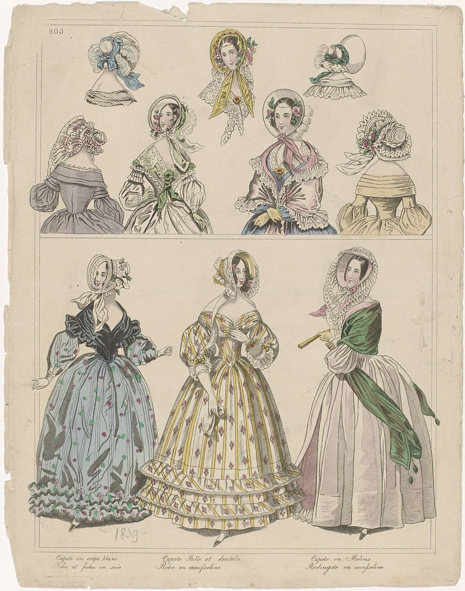 Townsend's Monthly Selection of Parisian Costumes, 1839, No. 805 : Capote en crêp (...) by Anonymous