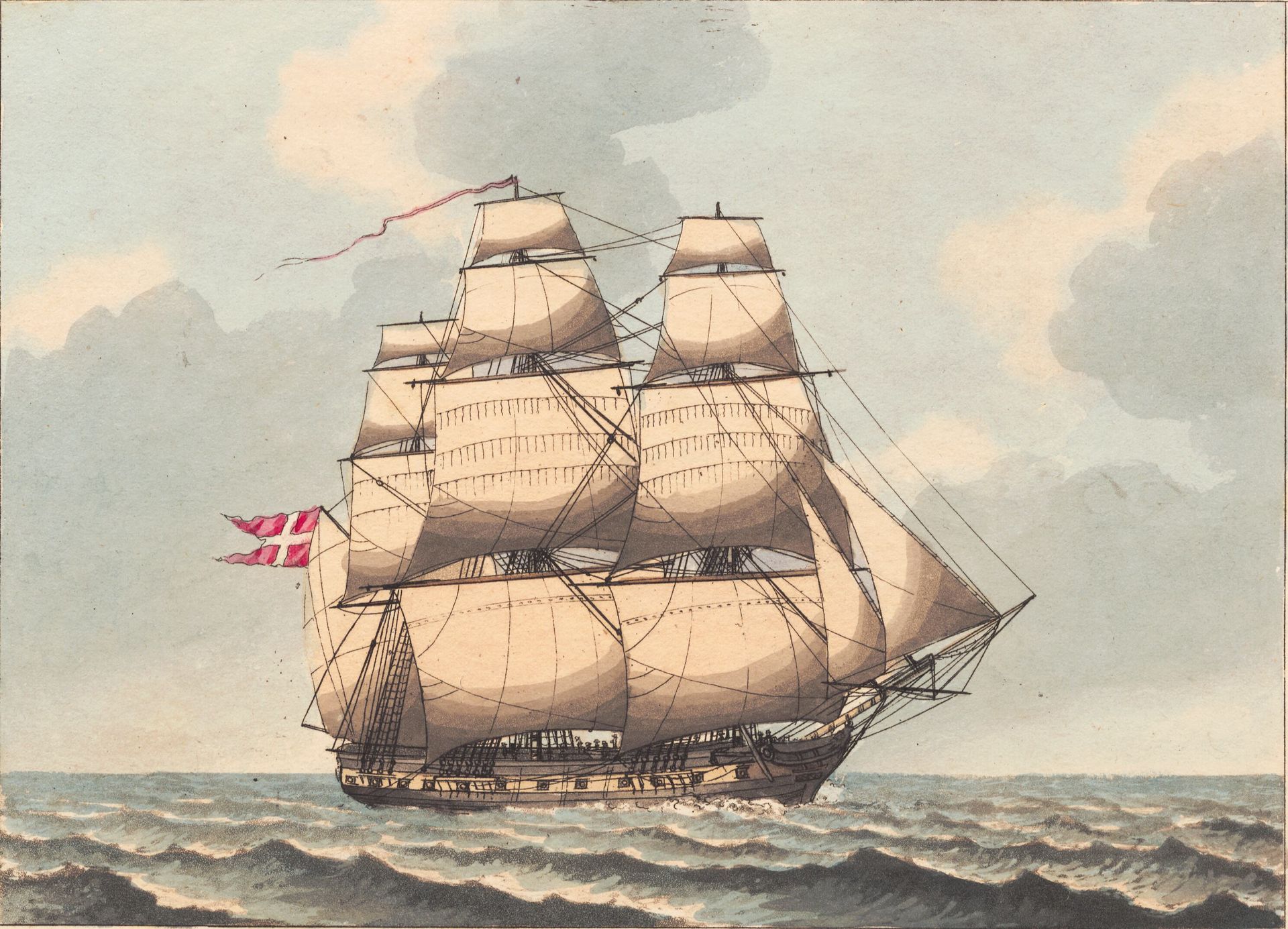 En dansk fregat, at see i læ, med sidevind by Niels Truslew