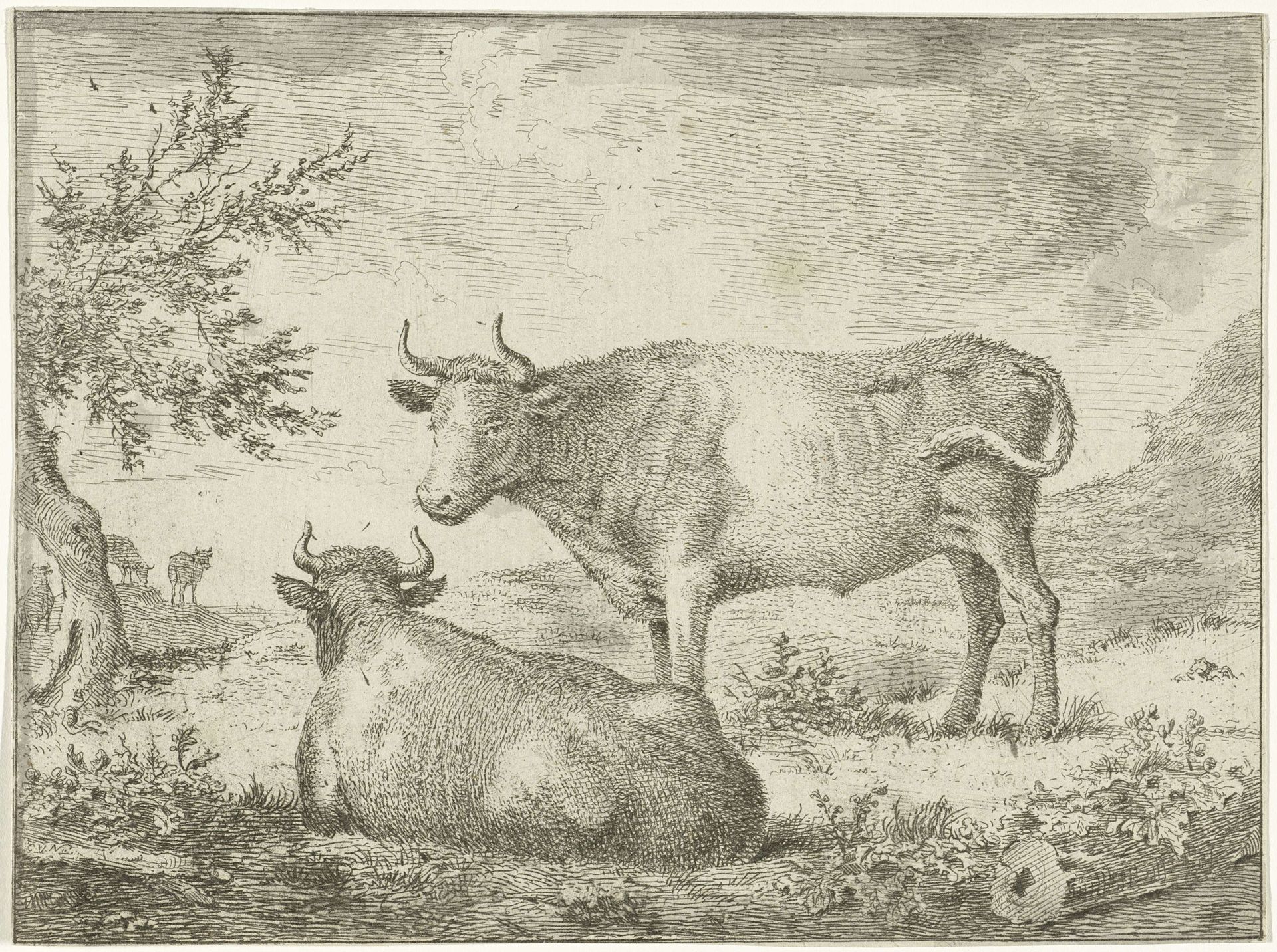 Staande en liggende koe by Cornelis van Noorde