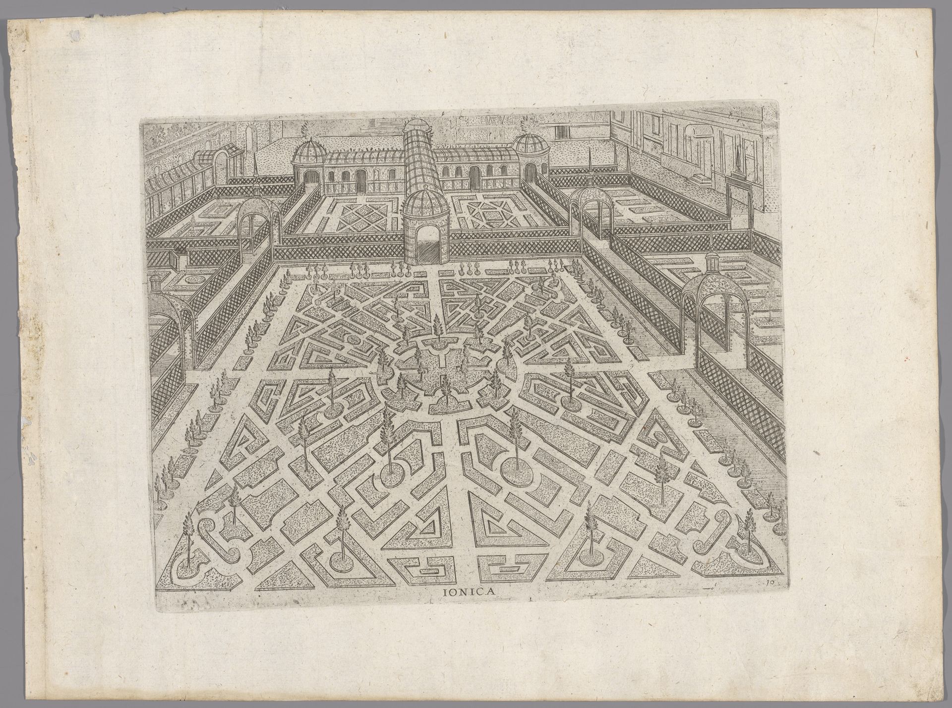 Tuin met een parterre, omgeven door hekken en open paviljoens by Anonymous