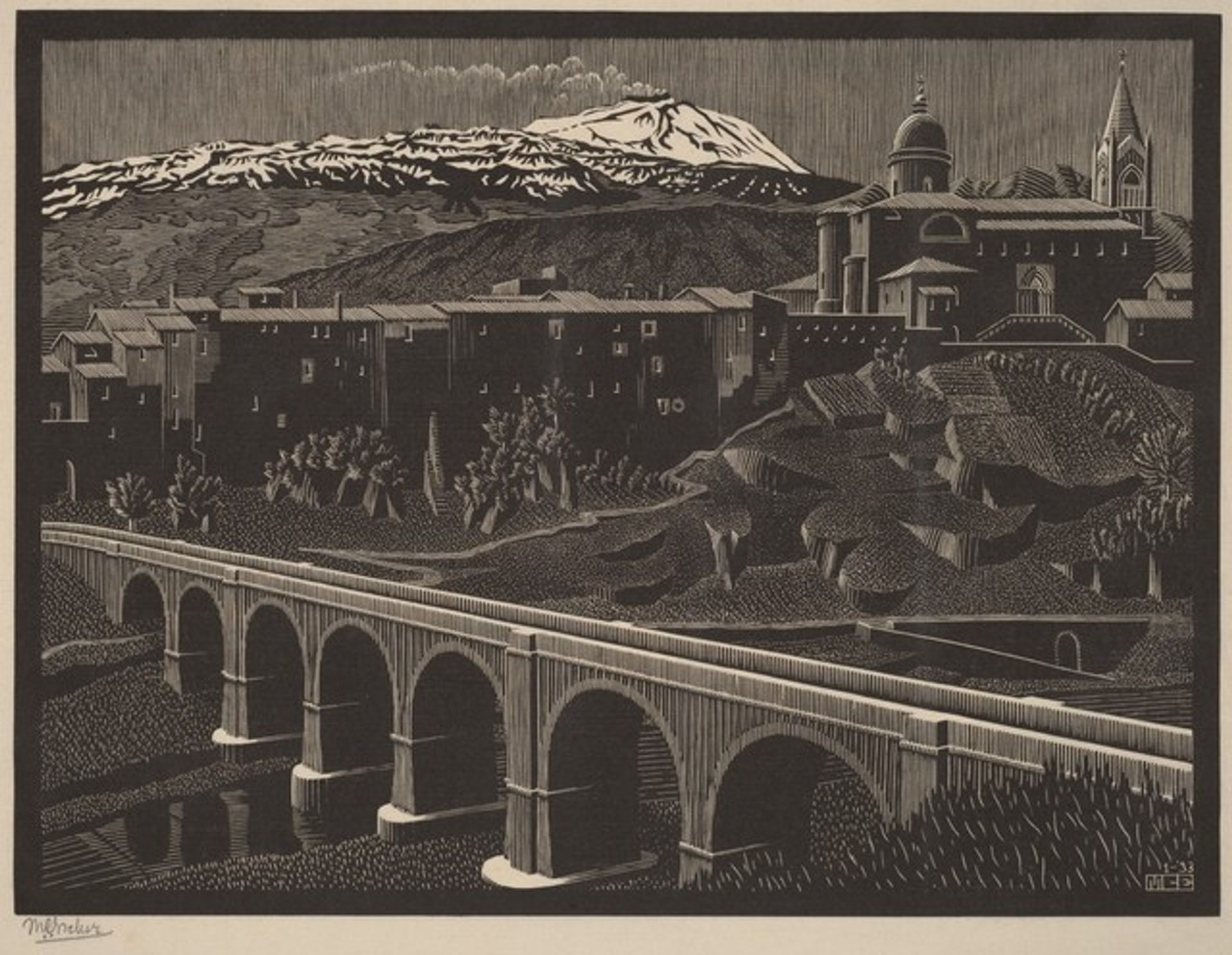 Randazzo and Mount Etna, Sicily by M.C. Escher