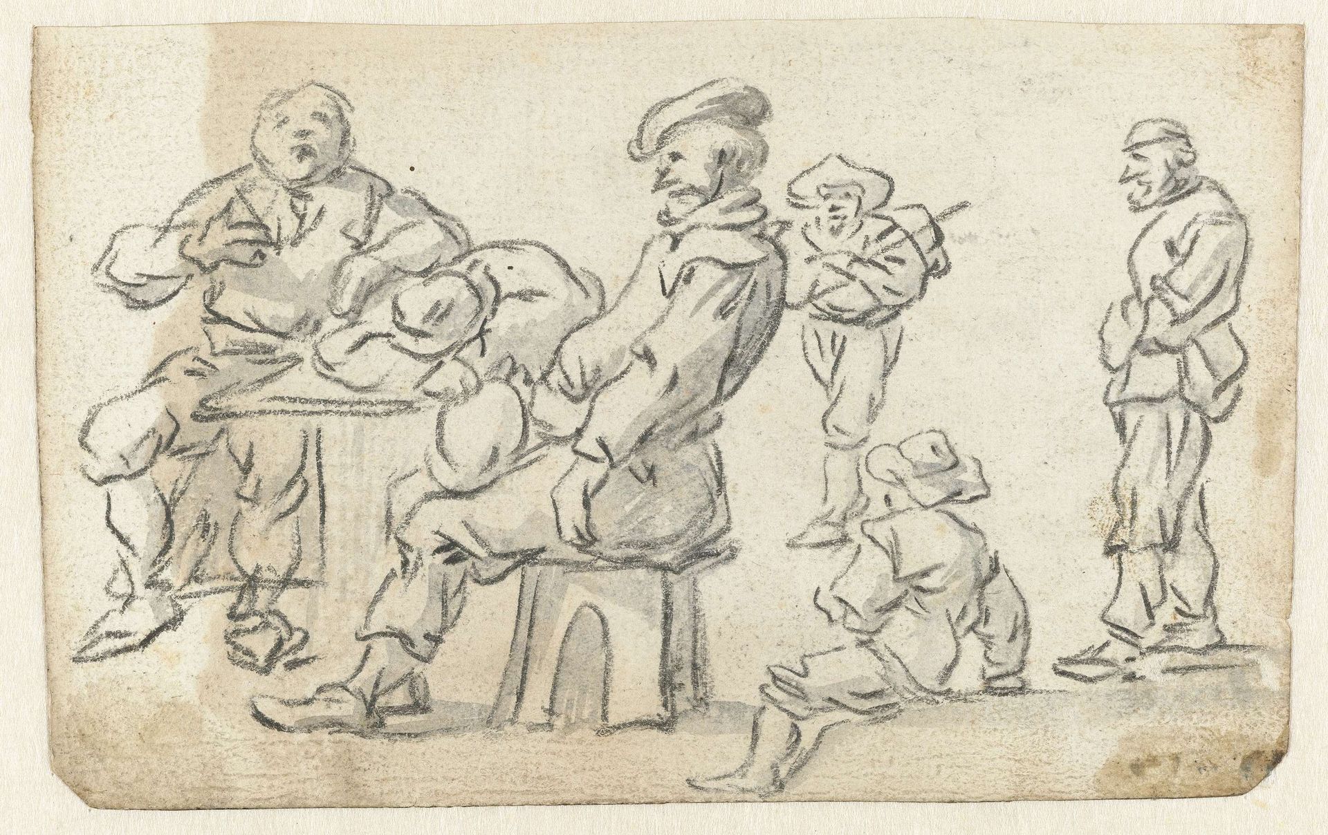 Drie boeren aan een tafel en drie andere figuren by Esaias van de Velde
