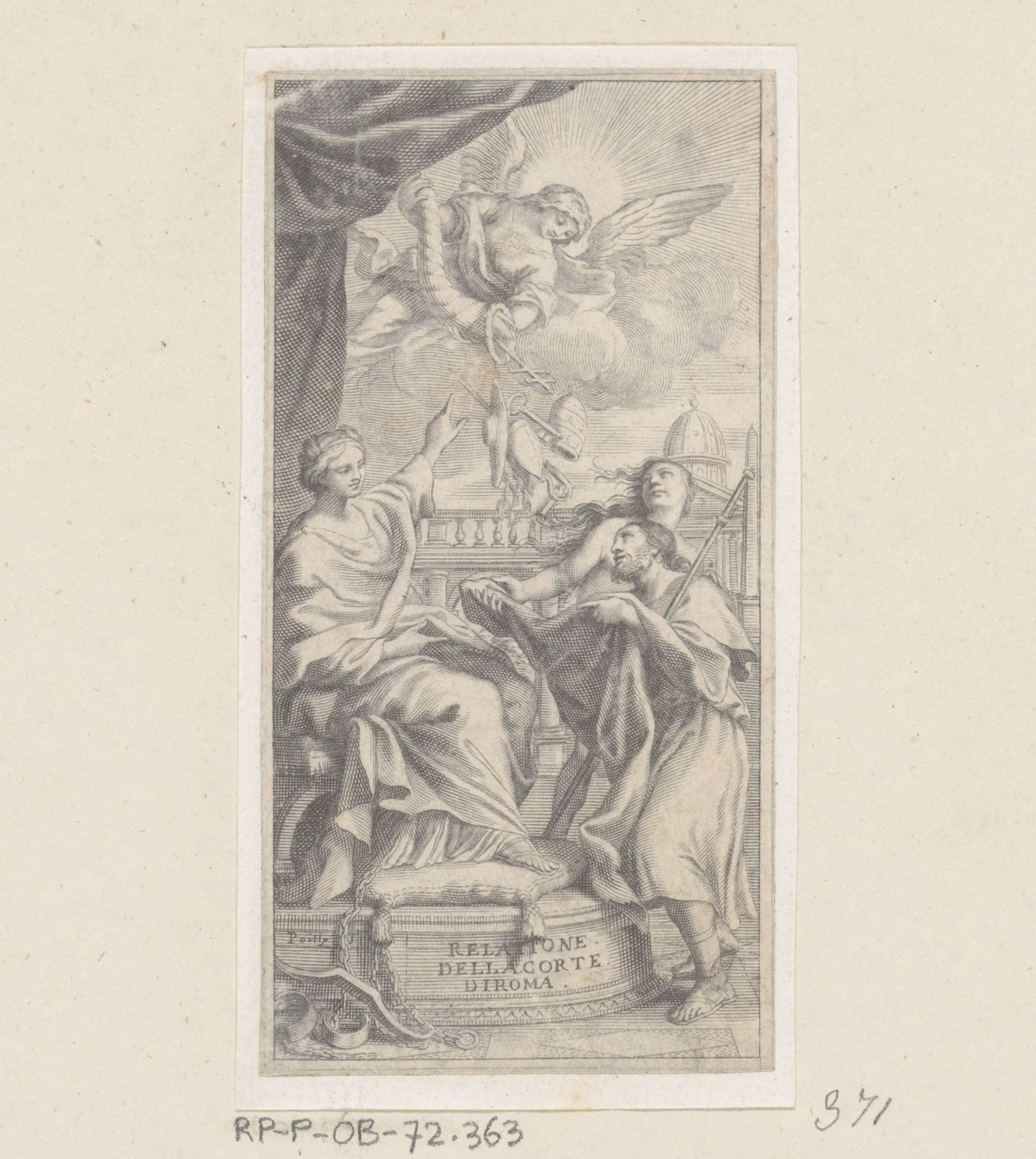 Ecclesia wijst op een engel die bisschopsattributen uitstort over een man met staf by Nicolas de (I) Poilly