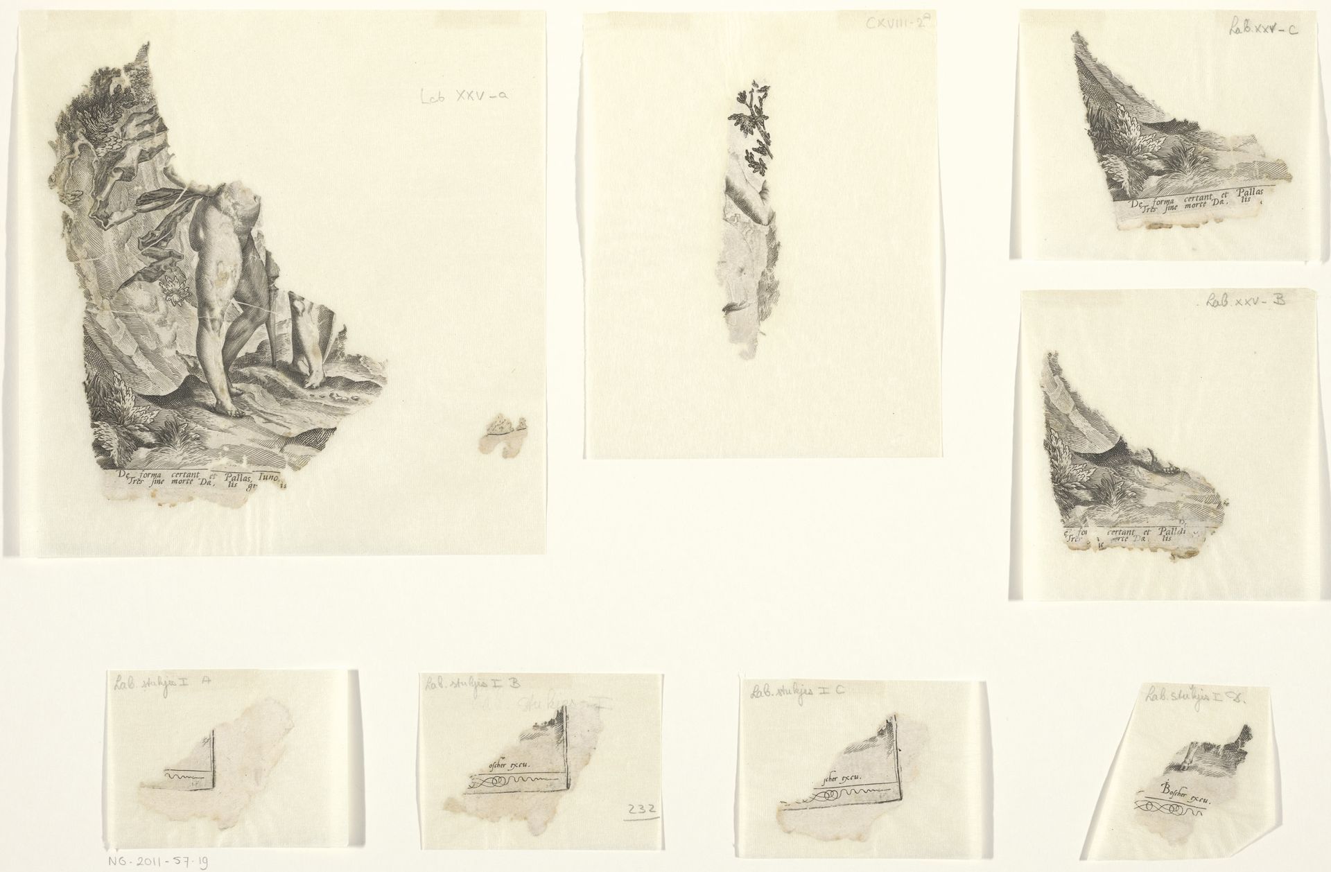 Losse fragmenten van een prent van het oordeel van Paris by Zacharias Dolendo