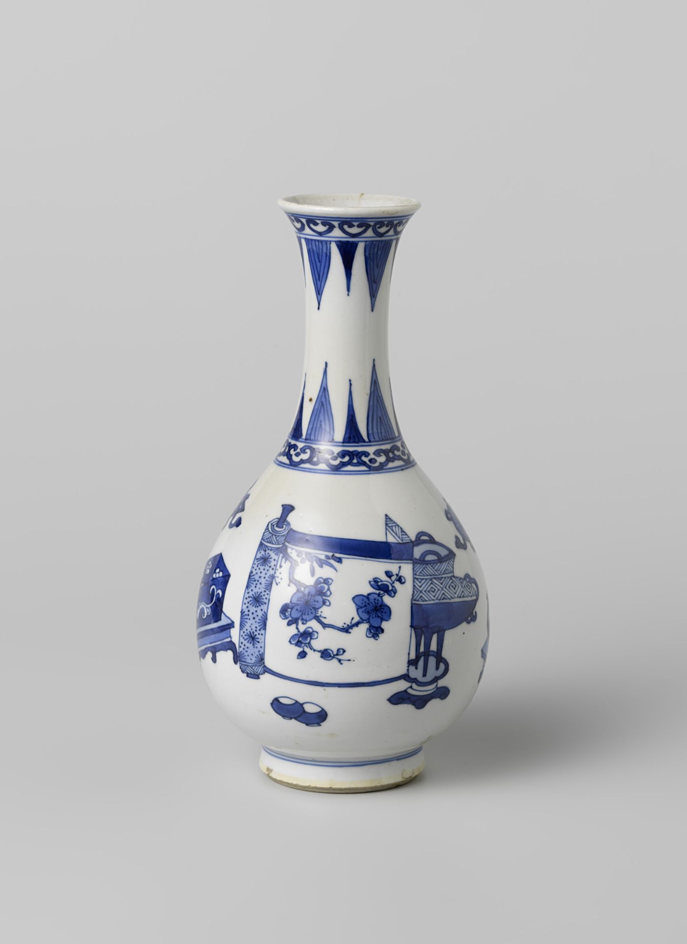 Pear-shaped bottle vase with auspicious symbols and petal borders by Anonymous