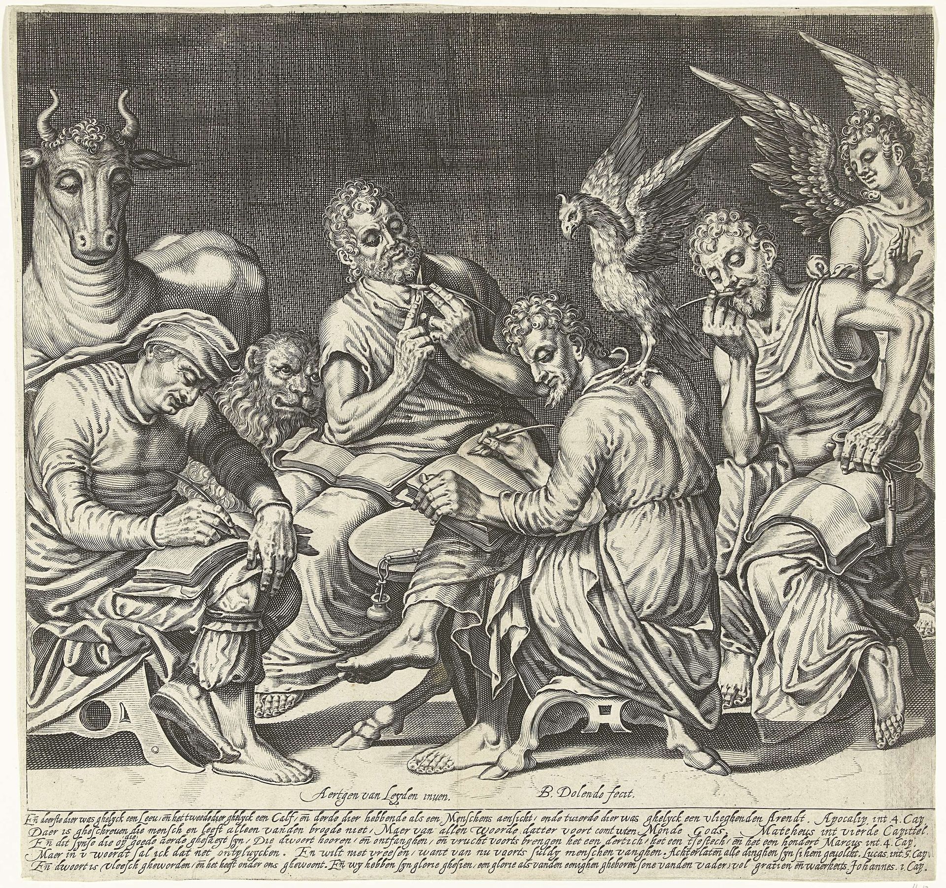 De vier evangelisten met hun symbolen by Bartholomeus Willemsz. Dolendo