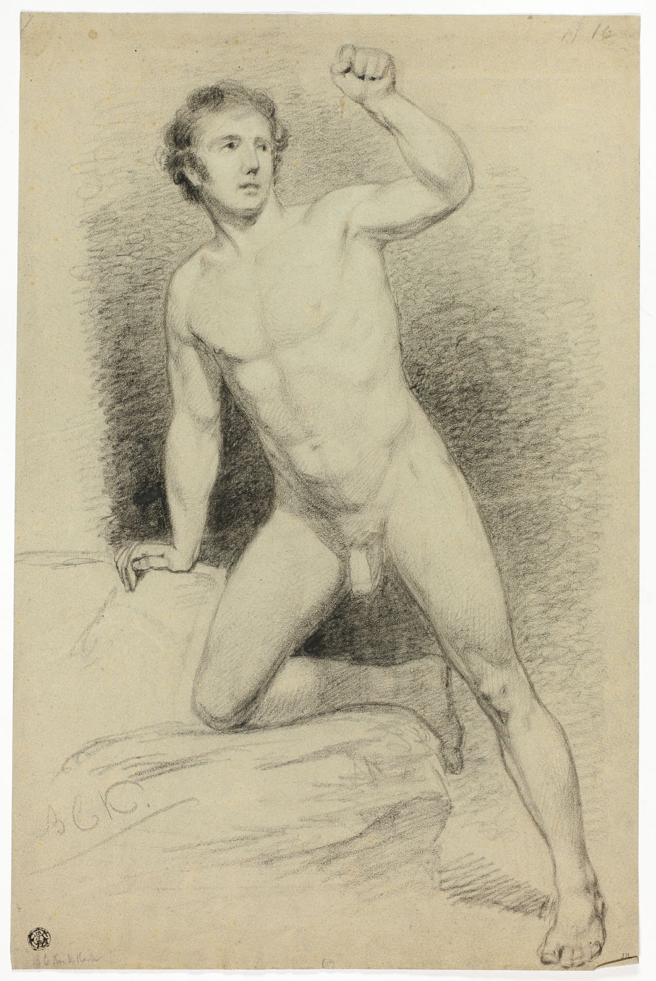 Academic Male Nude Leaning on Platform by Barend Cornelis Koekkoek