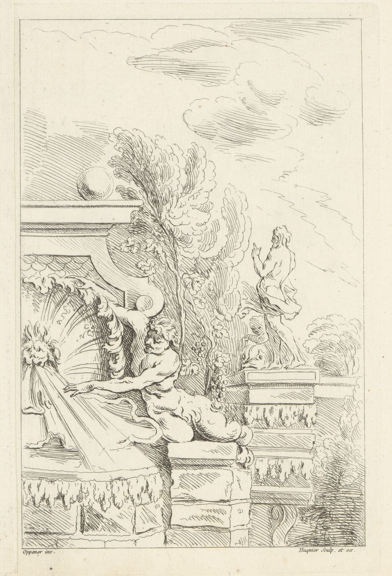 Landschap met fontein en standbeeld by Gabriel Huquier