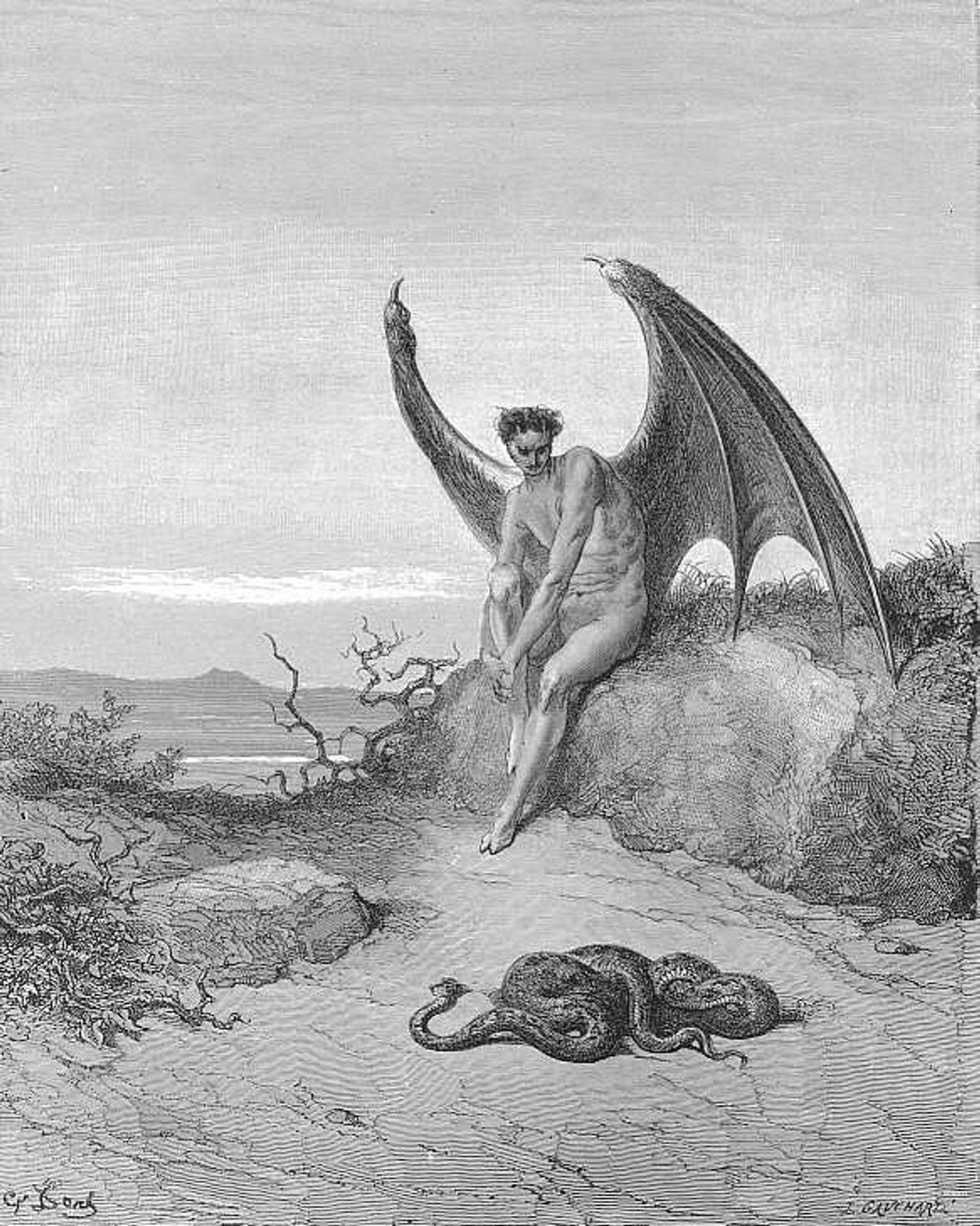 Him, fast sleeping, soon he found In labyrinth of many a round, self-rolled by Gustave Dore