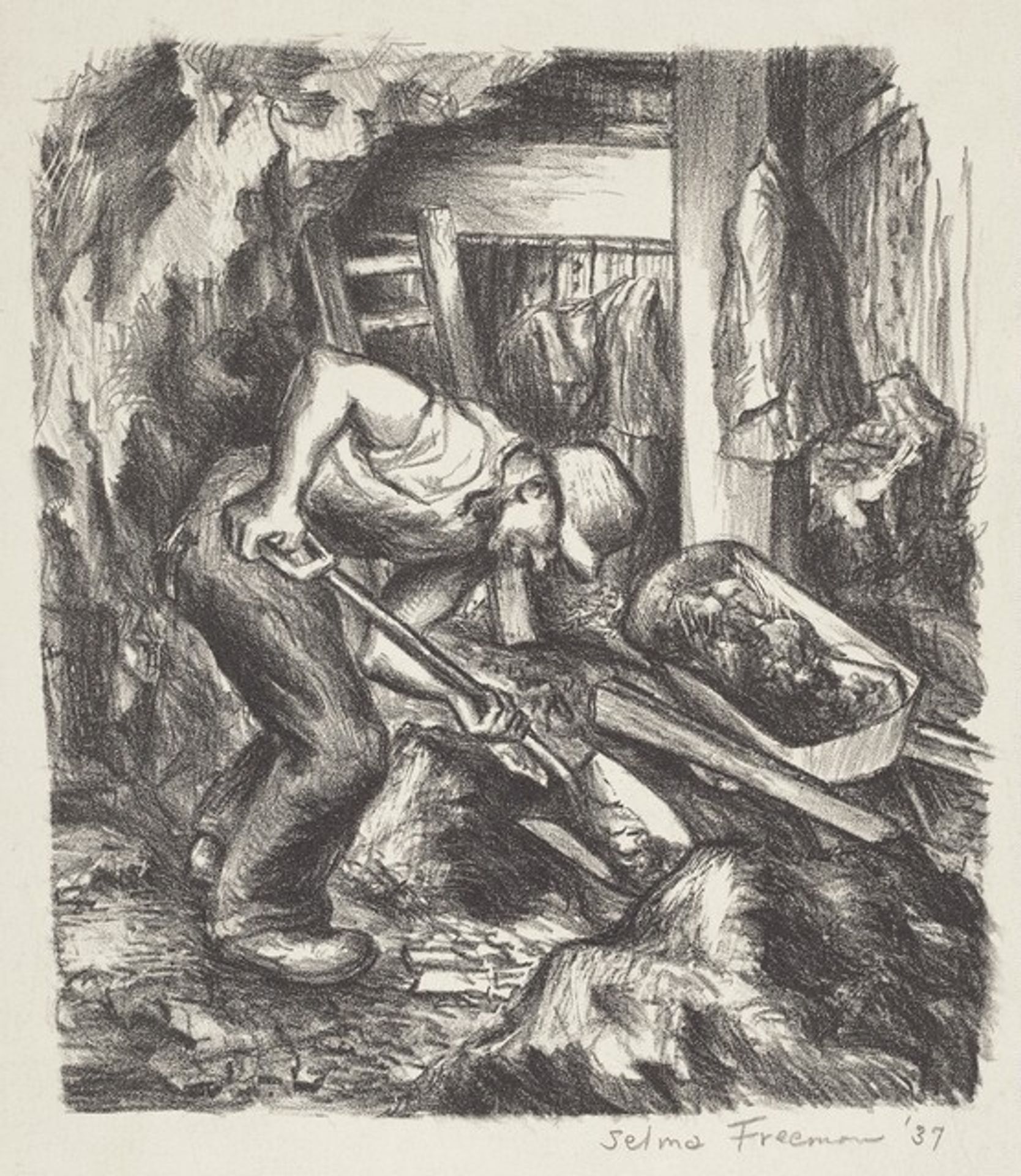 Untitled (Man Digging in Cellar or Mine) by Selma Freeman