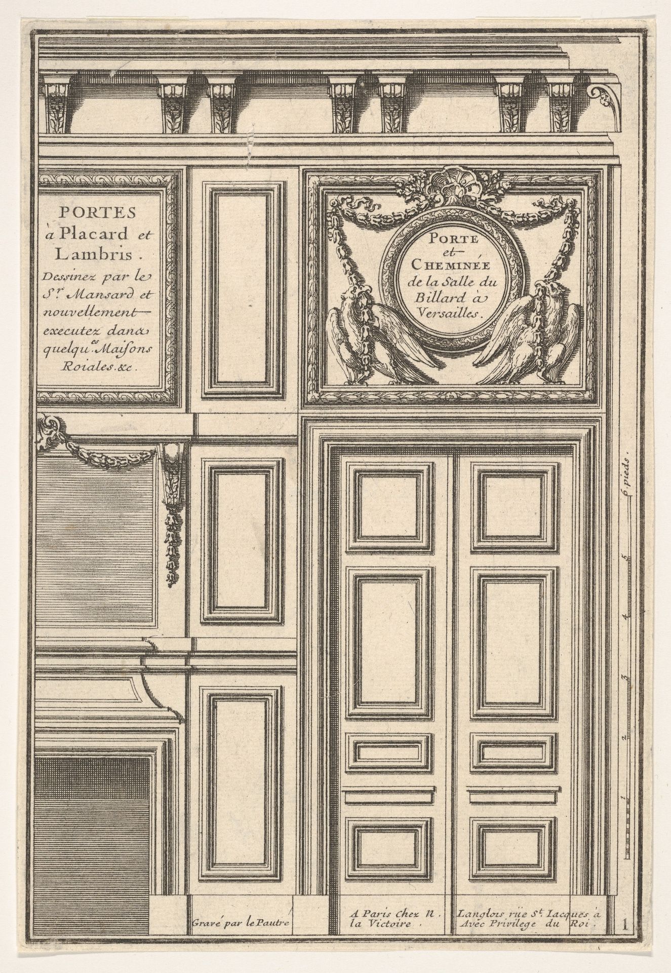 Door and Chimney of the Billiards room at Versailles, plate I from the Series 'Portes a Placard et Lambris', published as part of 'L'Architecture à la Mode' by Jean Le Pautre
