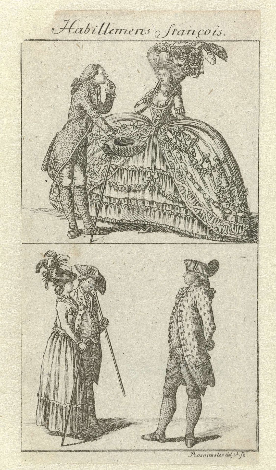 Habillemens François, ca. 1778-1780: Vijf figuren verdeeld over twee kaders by Rosmasler