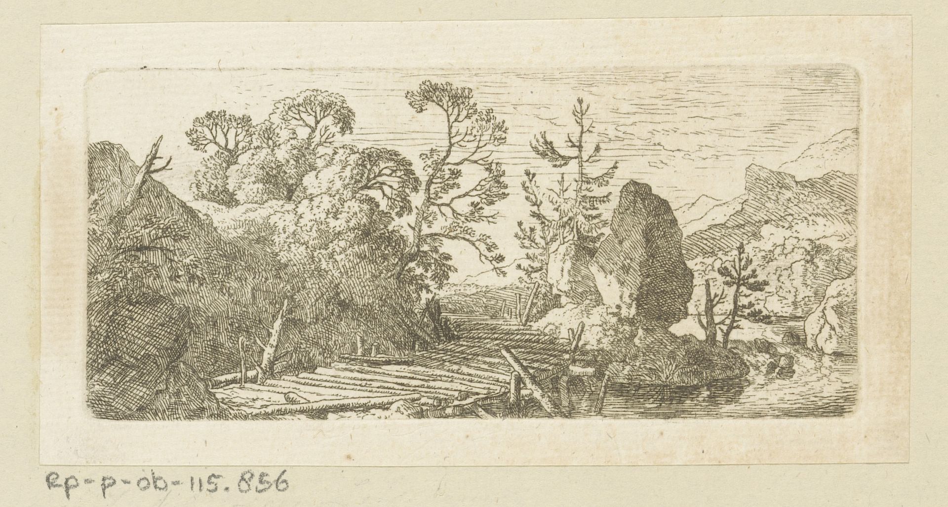 Landschap met houten brug en rotsblok by Christian Wilhelm Ernst Dietrich
