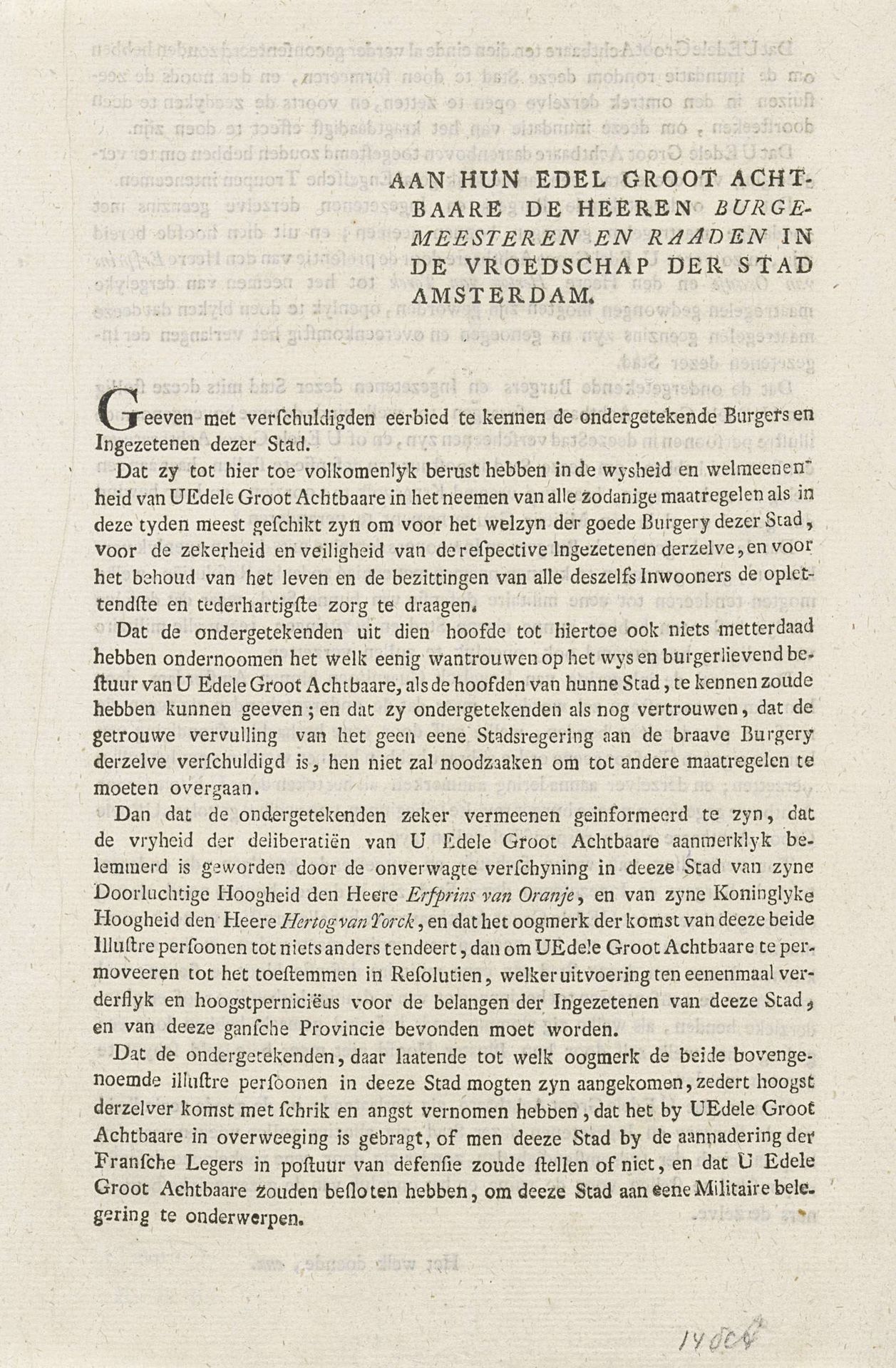 Request van de burger deputatie aan de vroedschap van Amsterdam, 1794 by Anonymous