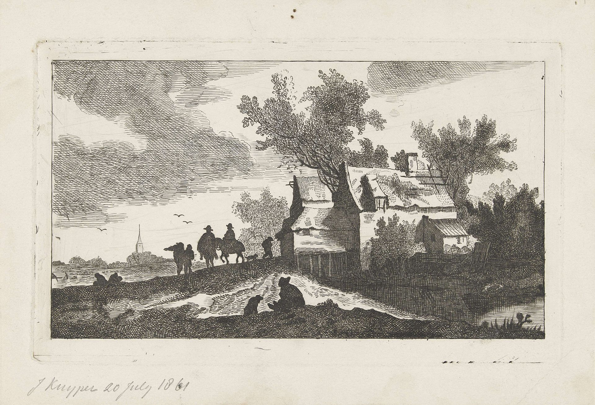 Verlaten huis en ruiters, bij nacht by J. (prentmaker) Kuyper