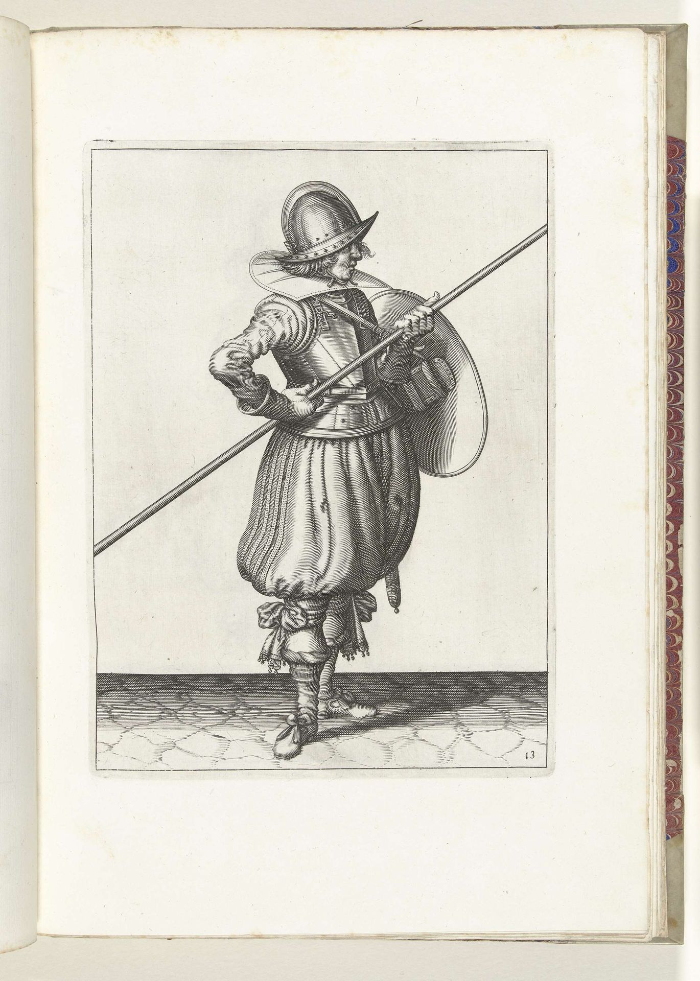De exercitie met schild en spies: de soldaat brengt in twee tijden de spies in positie om te slepen, eerste beweging (nr. 13), 1618 by Adam van Breen