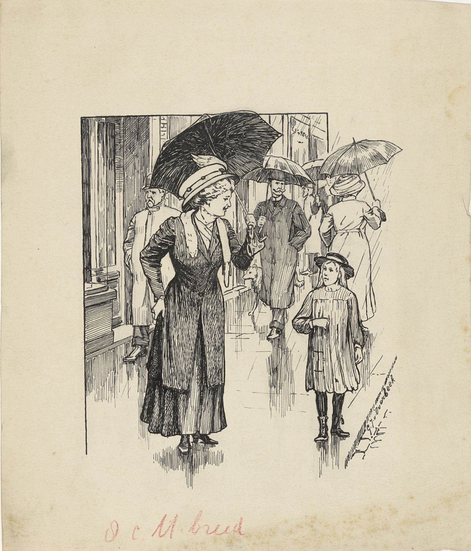 Vrouw en meisje op een regenachtige straat by Gijsbertus Johannes van Overbeek