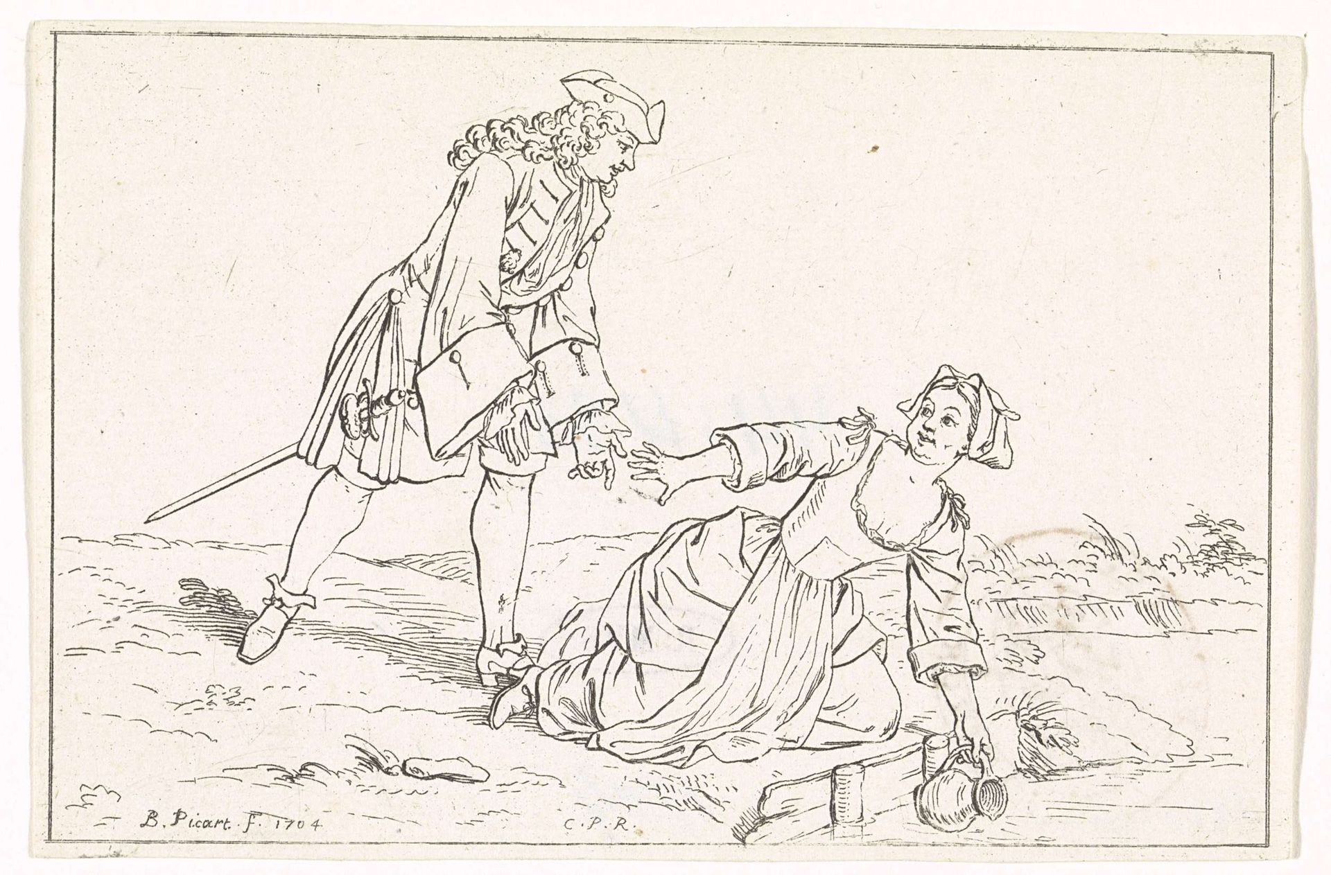Een man schiet een vrouw te hulp by Bernard Picart