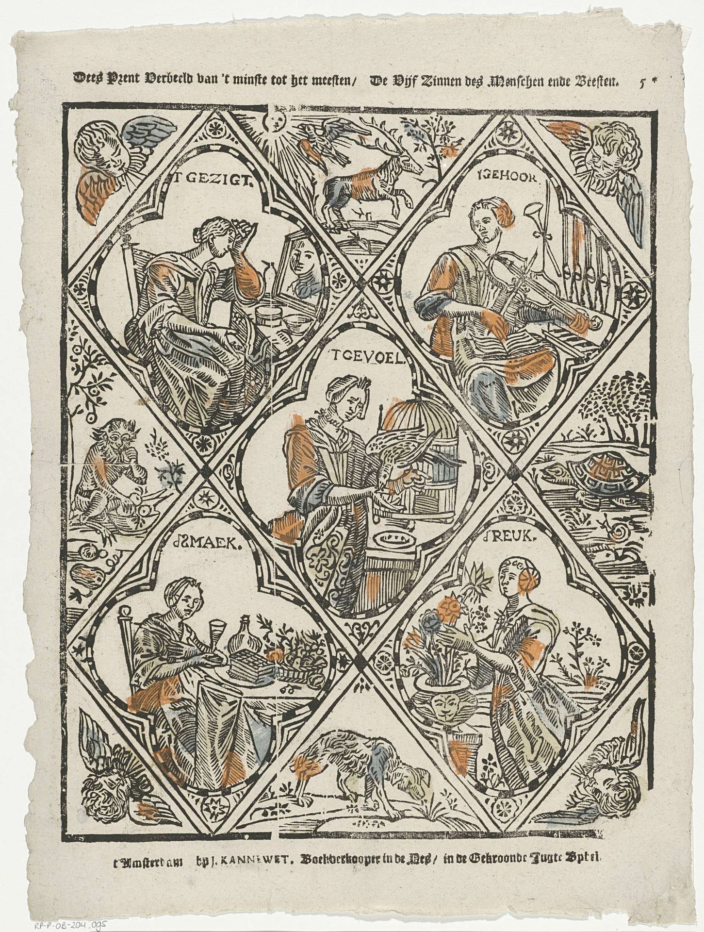 Dees prent verbeeld van 't minste tot het meesten / De vijf zinnen des menschen ende beesten by Johannes (II) Kannewet