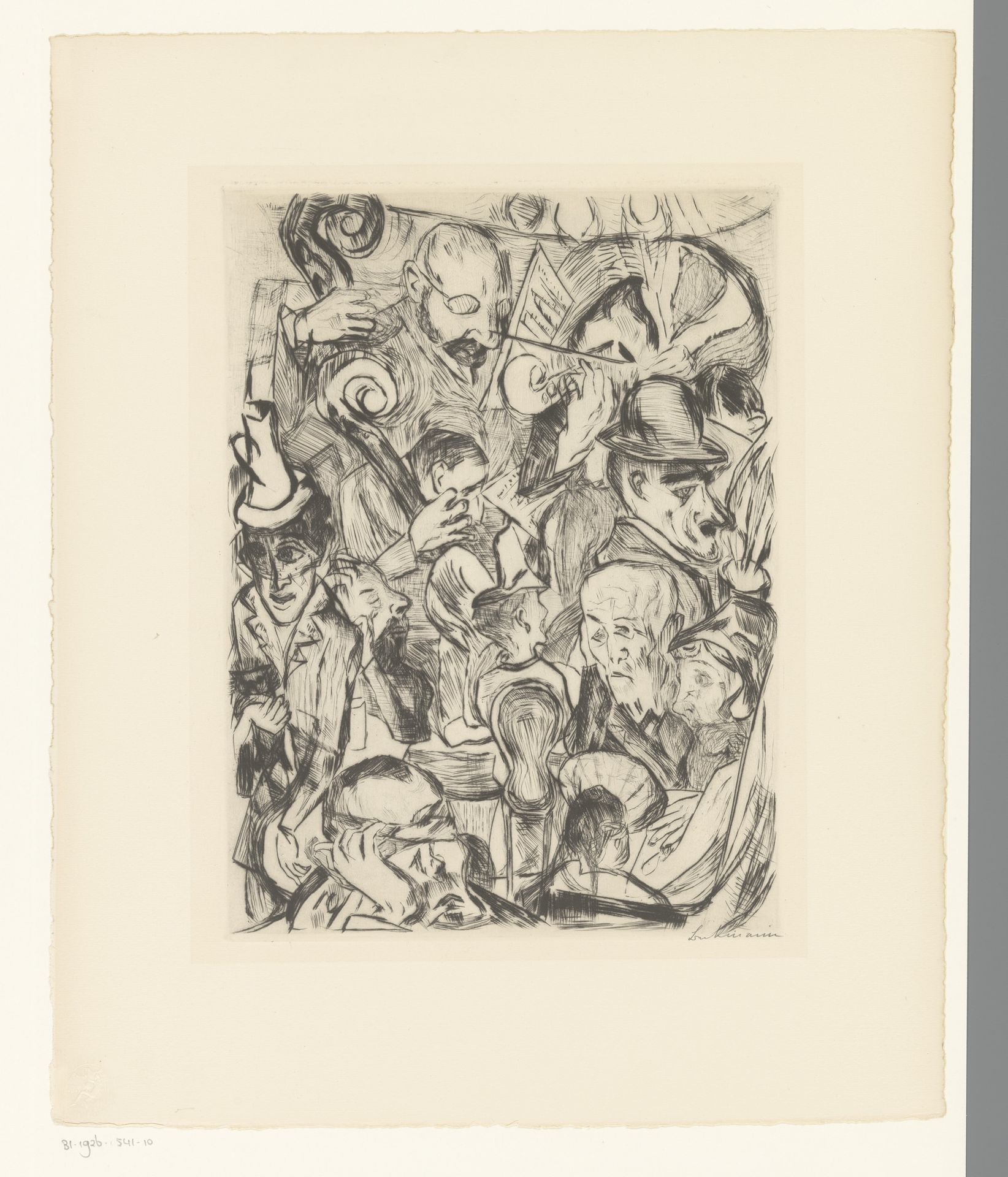 Groep met daarachter drie muzikanten met strijkinstrumenten by Max Beckmann