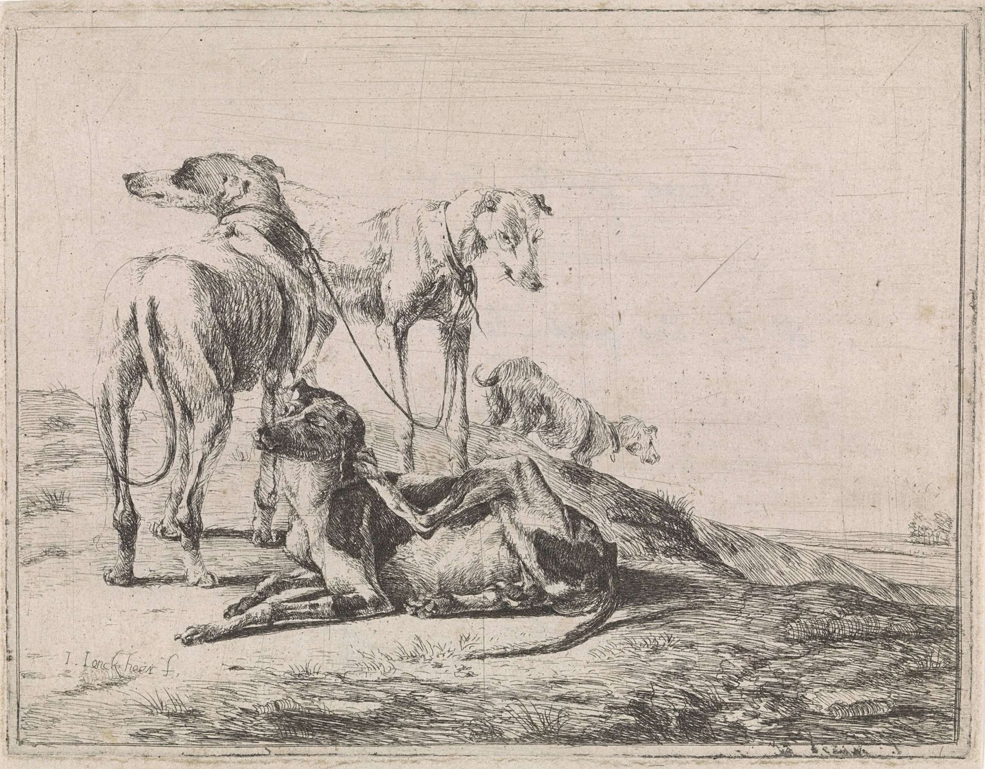 Landschap met vier hazewindhonden by Jacob de Jonckheer