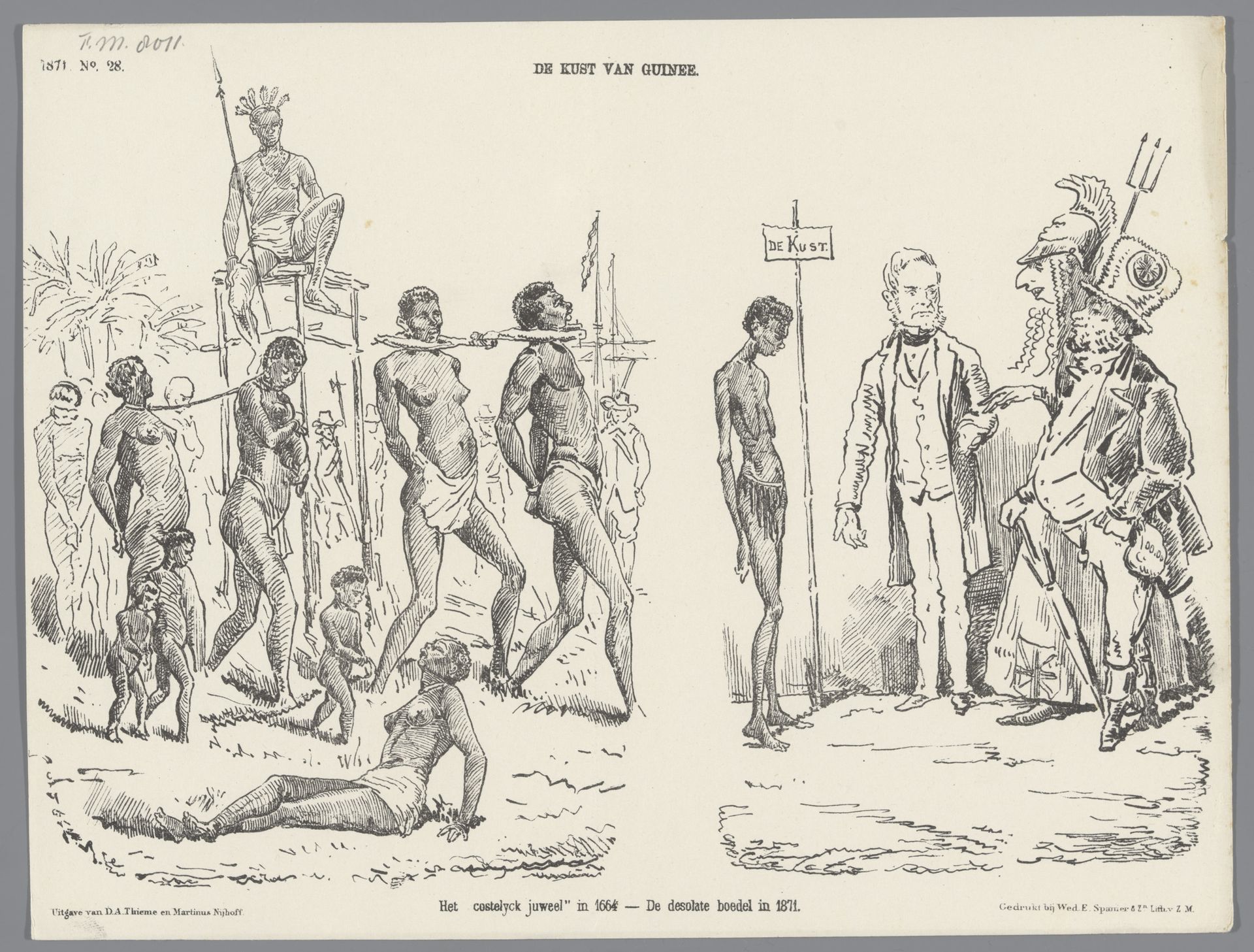 Spotprent op de afstand van de kust van Guinea, 1871 by Johan Michaël Schmidt Crans