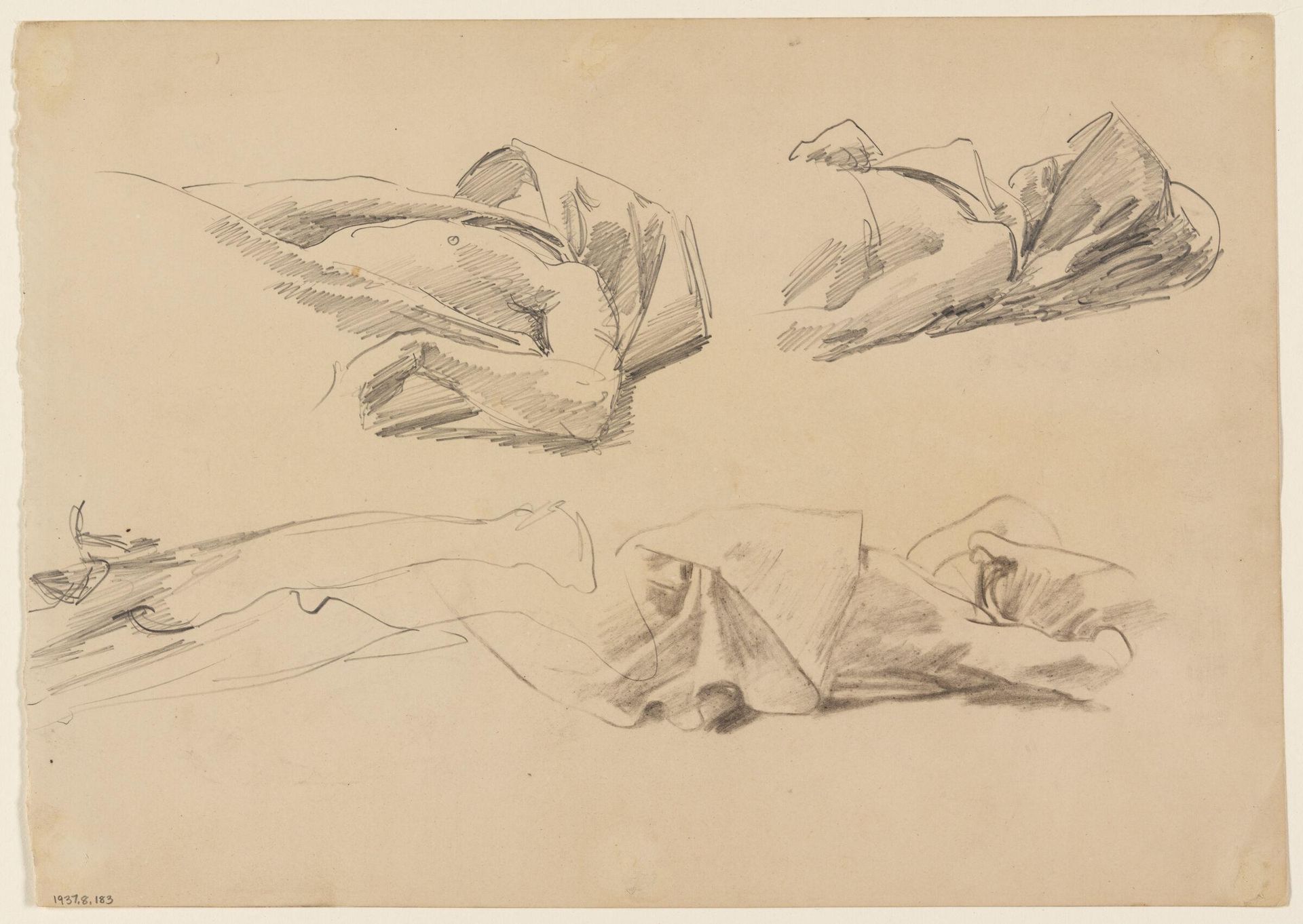 Study of a Reclining Draped Figure;  verso: Three Sketches of Head and Upper Torso by John Singer Sargent