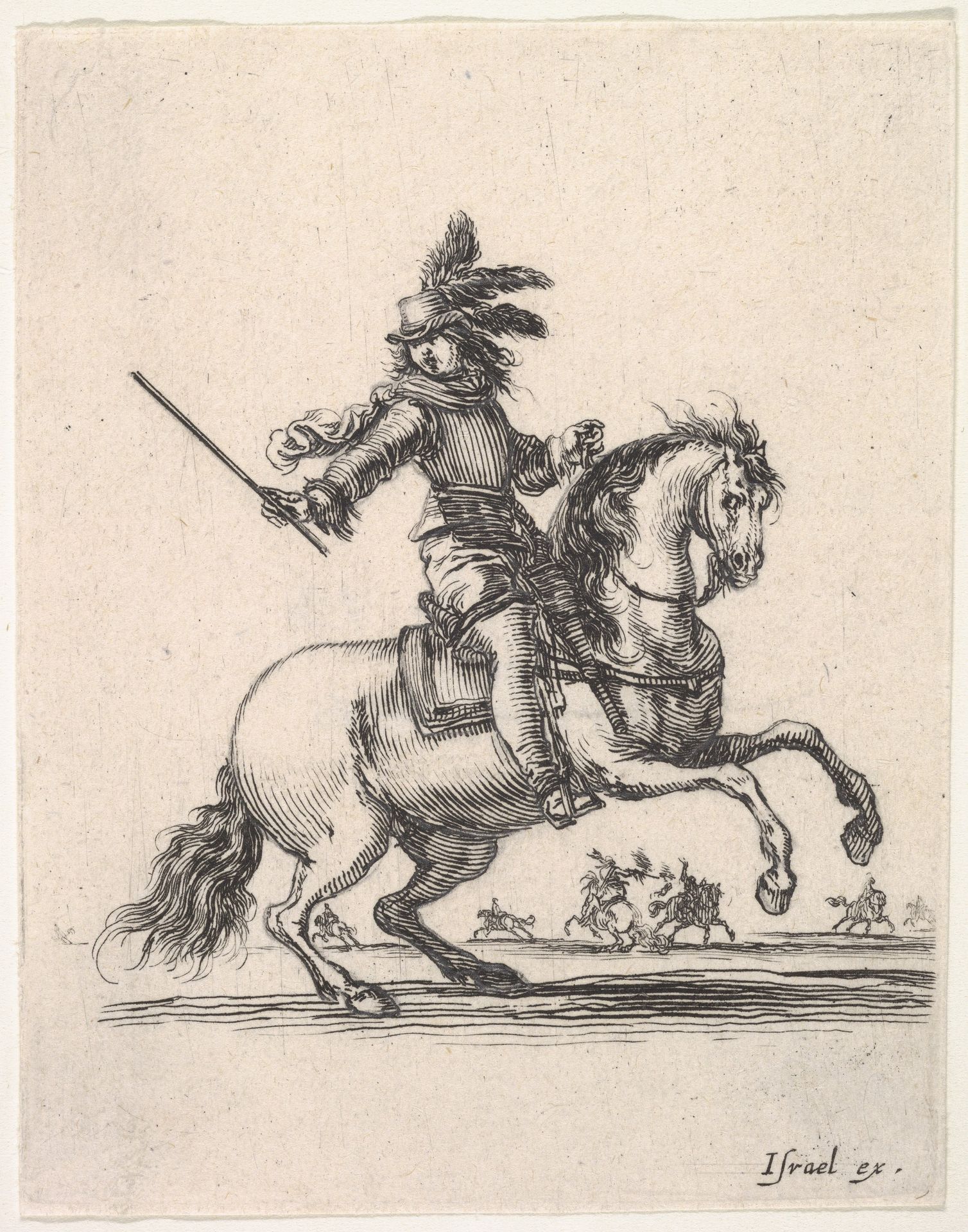 A commander on horseback, giving orders and motioning to the right, other horsemen in the background, two of which are engaged in a duel with pistols, from 'Various cavalry exercises' (Diverses exercices de cavalerie) by Stefano della Bella