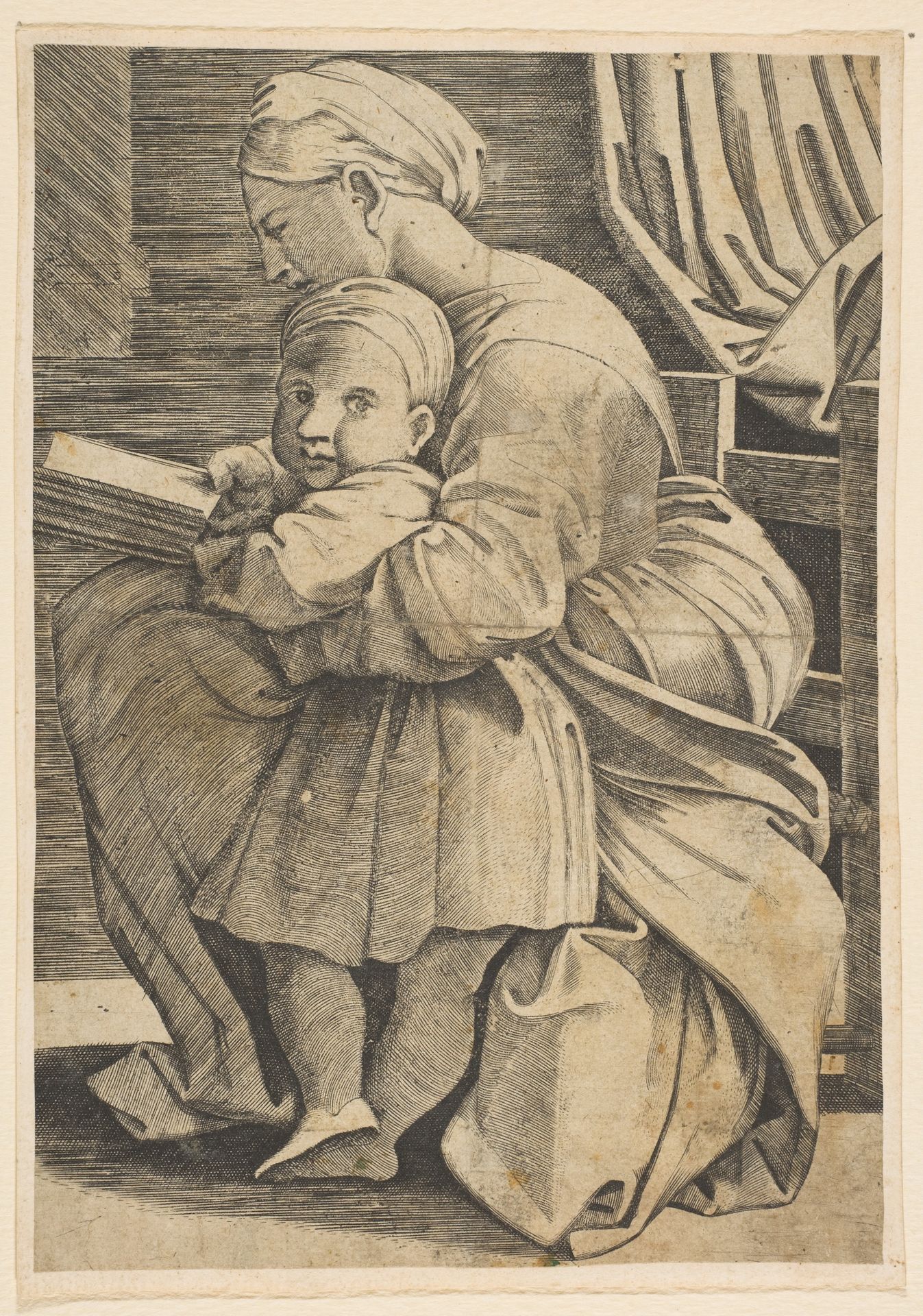 The Virgin reading with the infant Christ; woman seated in profile facing left and reading with an arm around a child who looks out toward the viewer by Anonymous