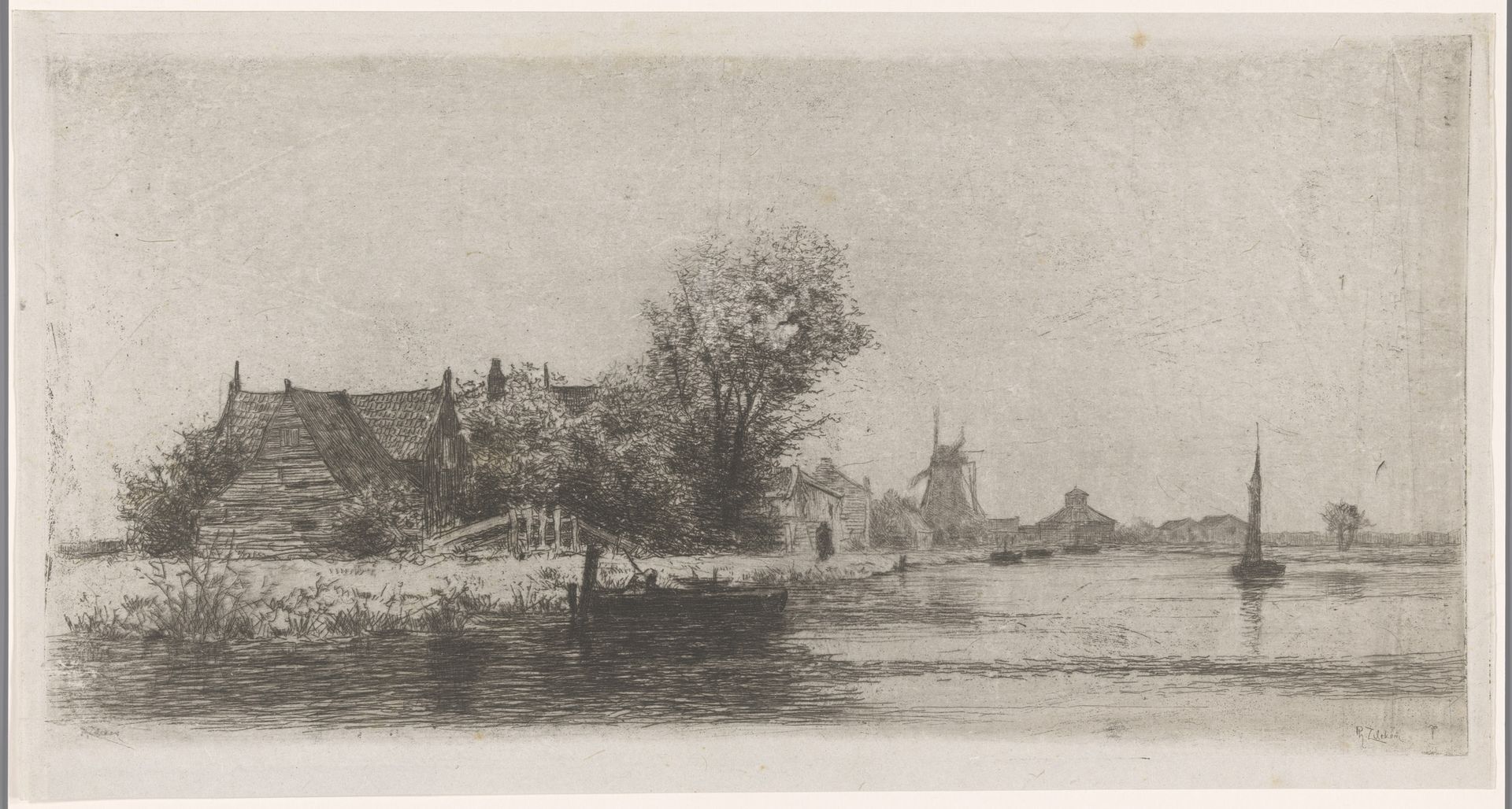 Landschap met huizen en molen aan het water by Philip Zilcken