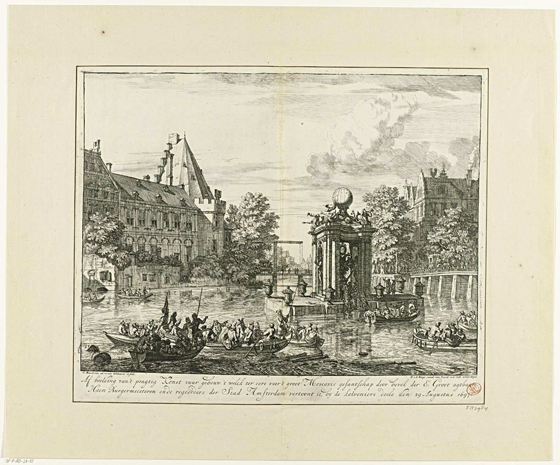 Gebouw voor het vuurwerk ter ere van het bezoek van het Russisch gezantschap aan Amsterdam, augustus 1697 by Isaac de Moucheron