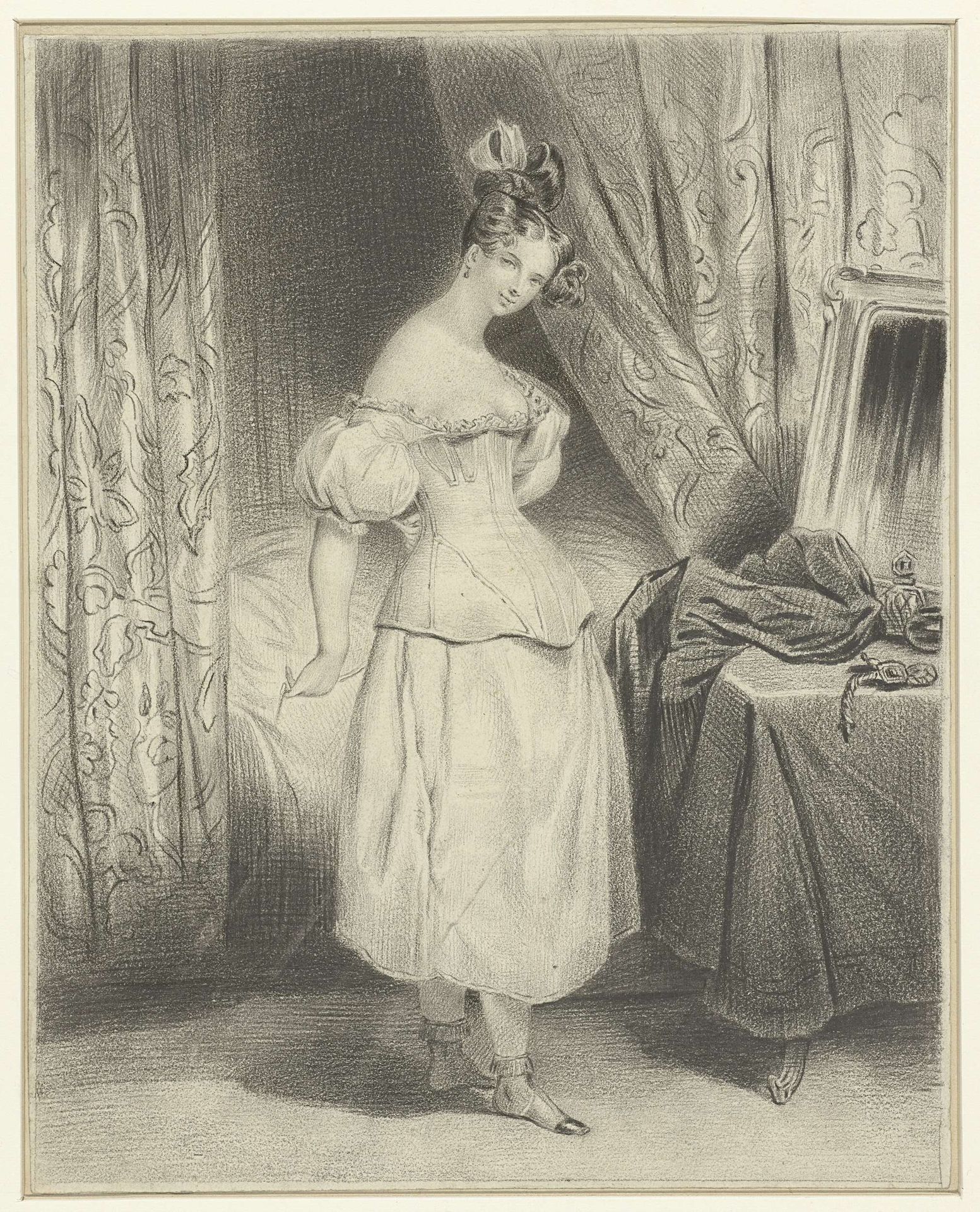 Jonge vrouw in slaapvertrek, haar corsetlijfje losrijgend by Frédéric Bouchot