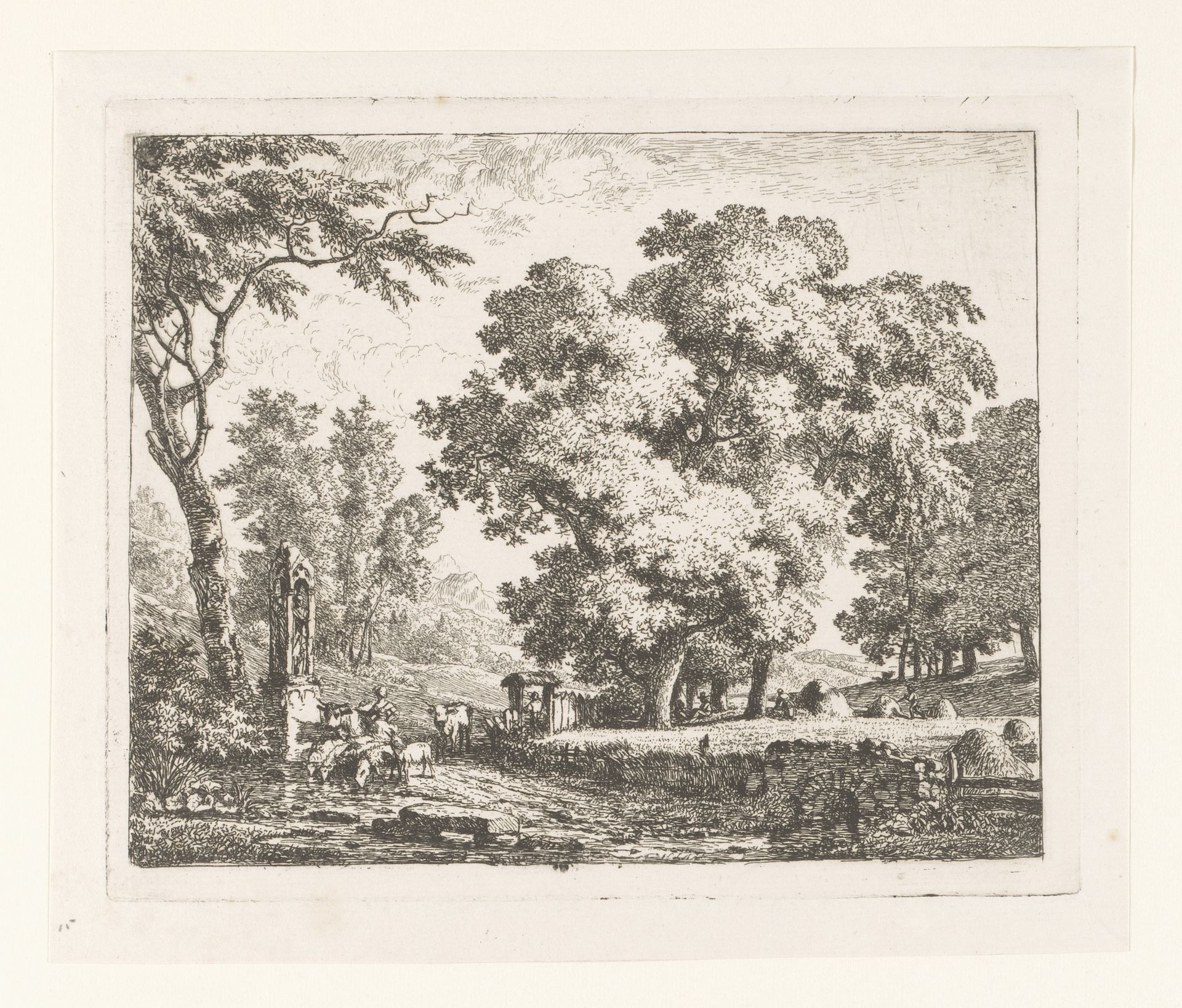 Landschap met vee dat water drinkt bij een kapel by Jean Louis Demarne