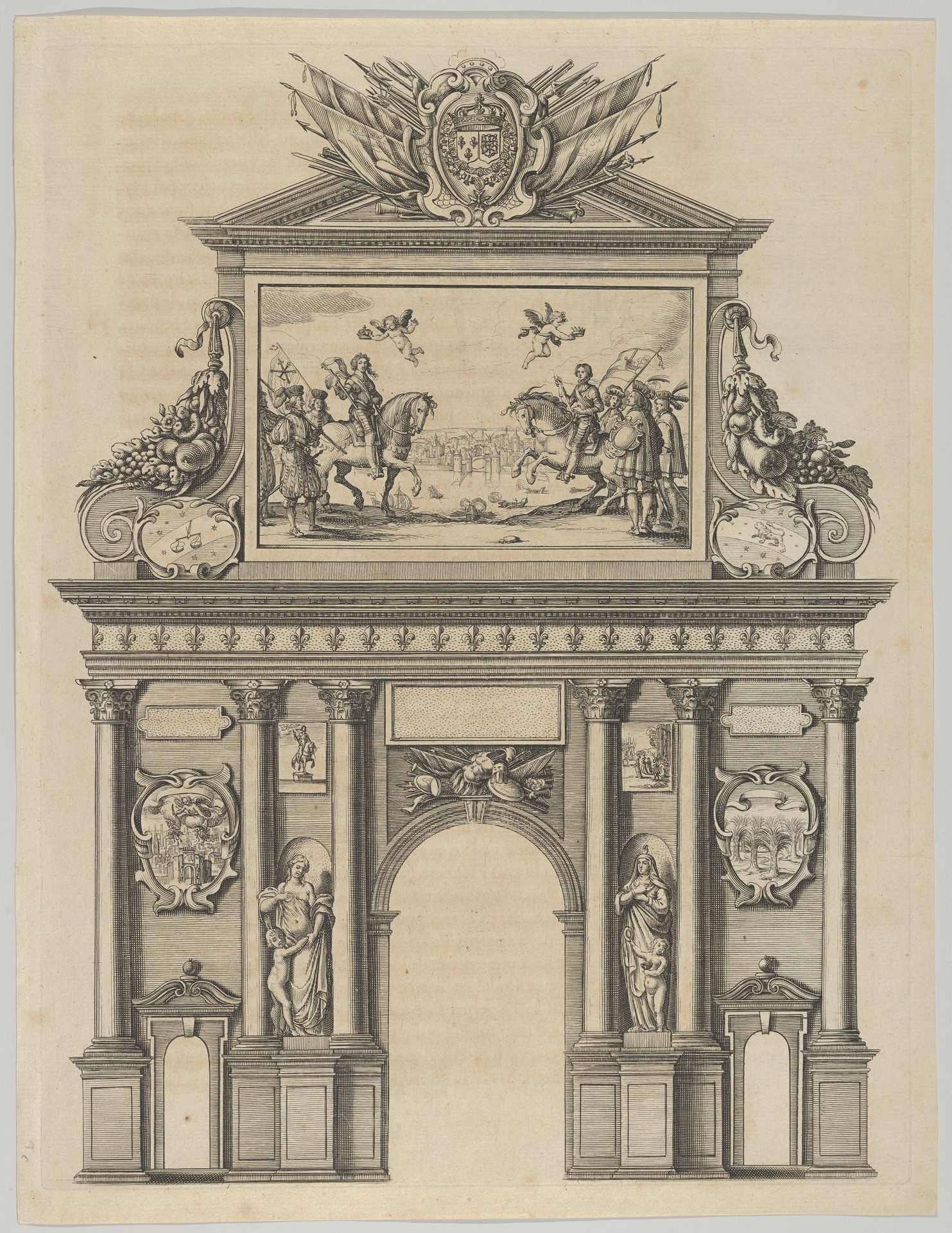 Triumphal arch, from 'Éloges et discours sur la triomphante réception du Roy en sa ville de Paris ...' by Jean-Baptiste de Machault by Melchior Tavernier