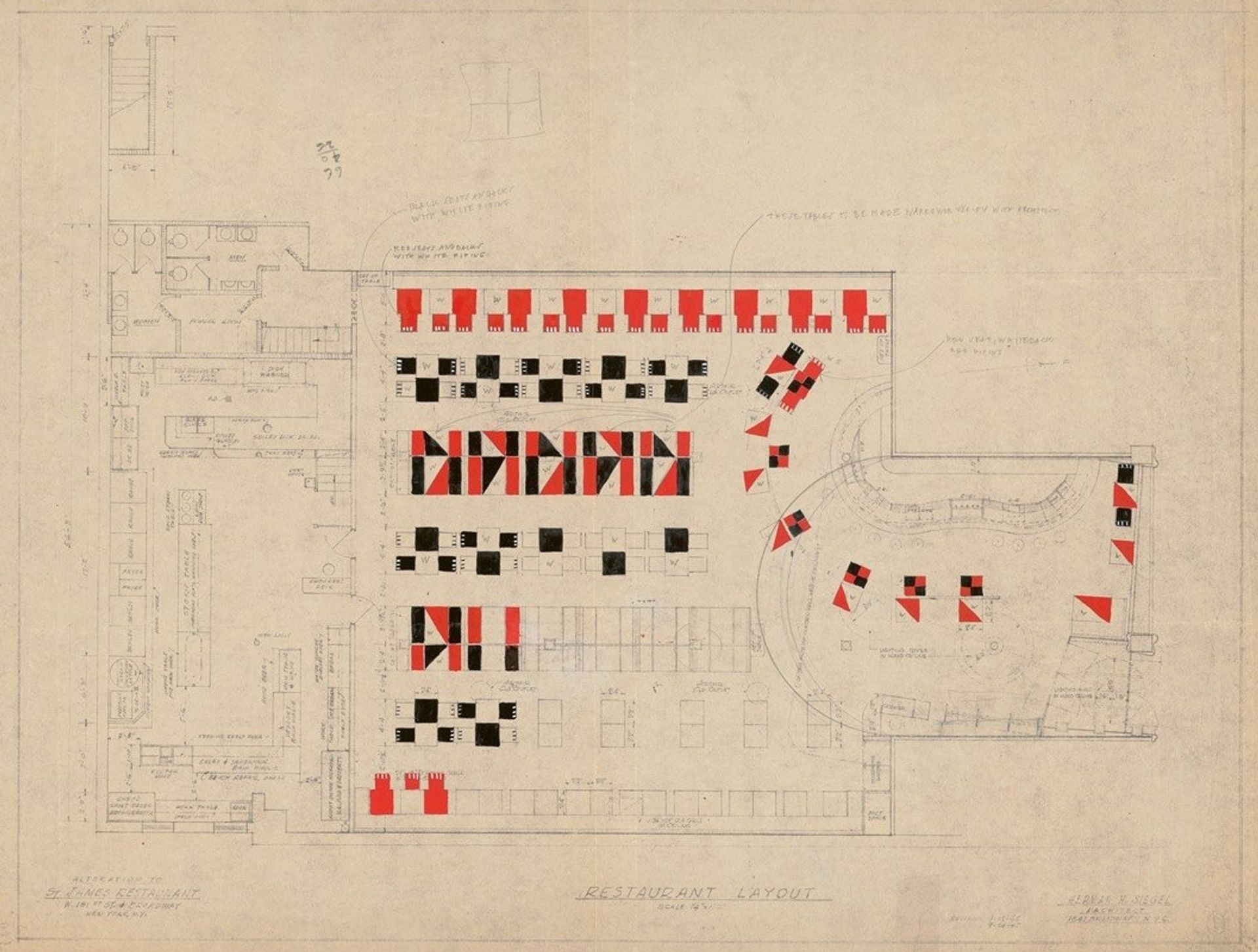 esigns and photographs for alterations to St. James Bar Restaurant, W. 181st St. and Broadway, New York, NY.] [Plan for restaurant layout of booths and tables by Winold Reiss