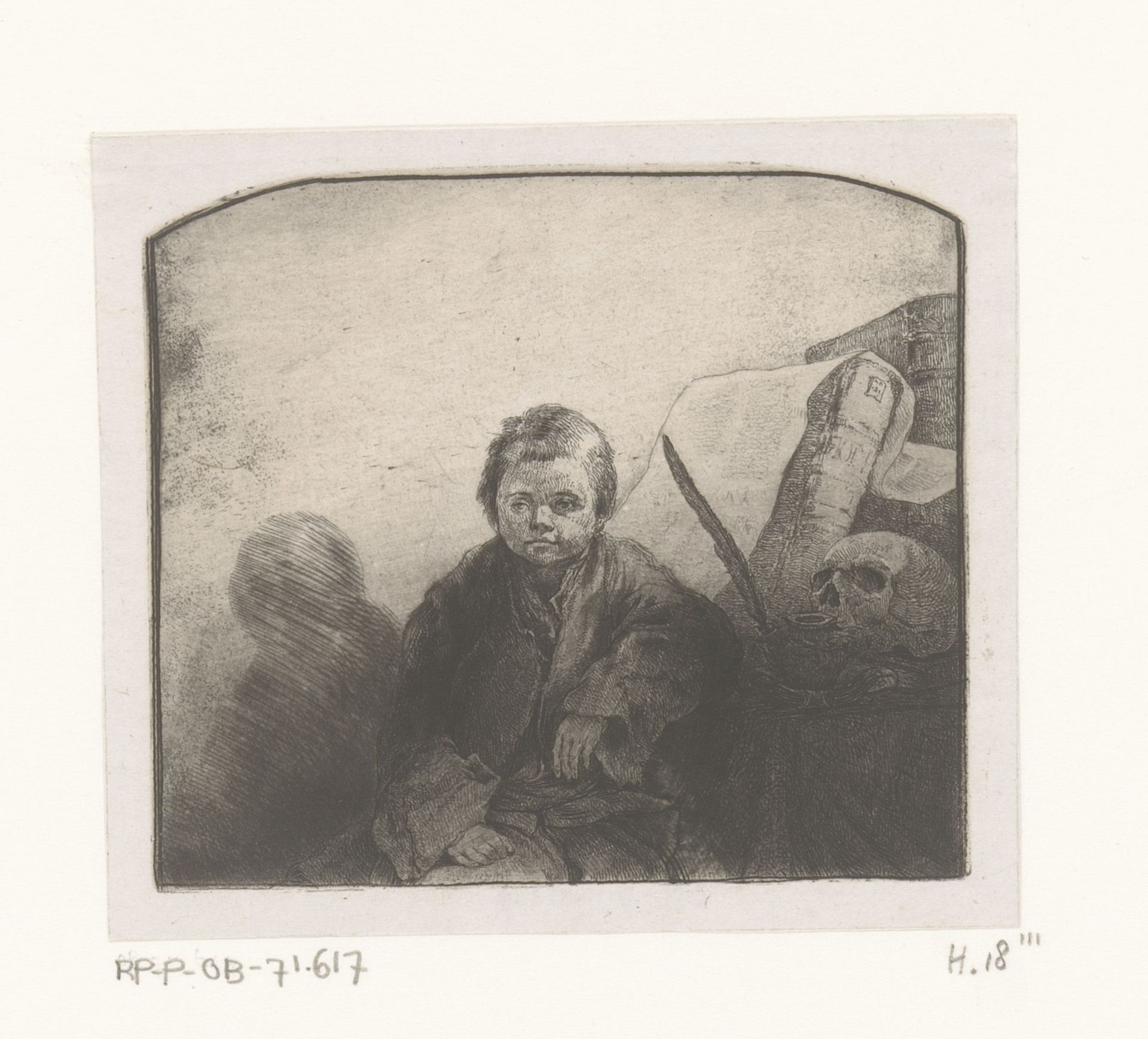 Zittende jongen bij een tafel met boek en schedel by Jean-Pierre Norblin de la Gourdaine