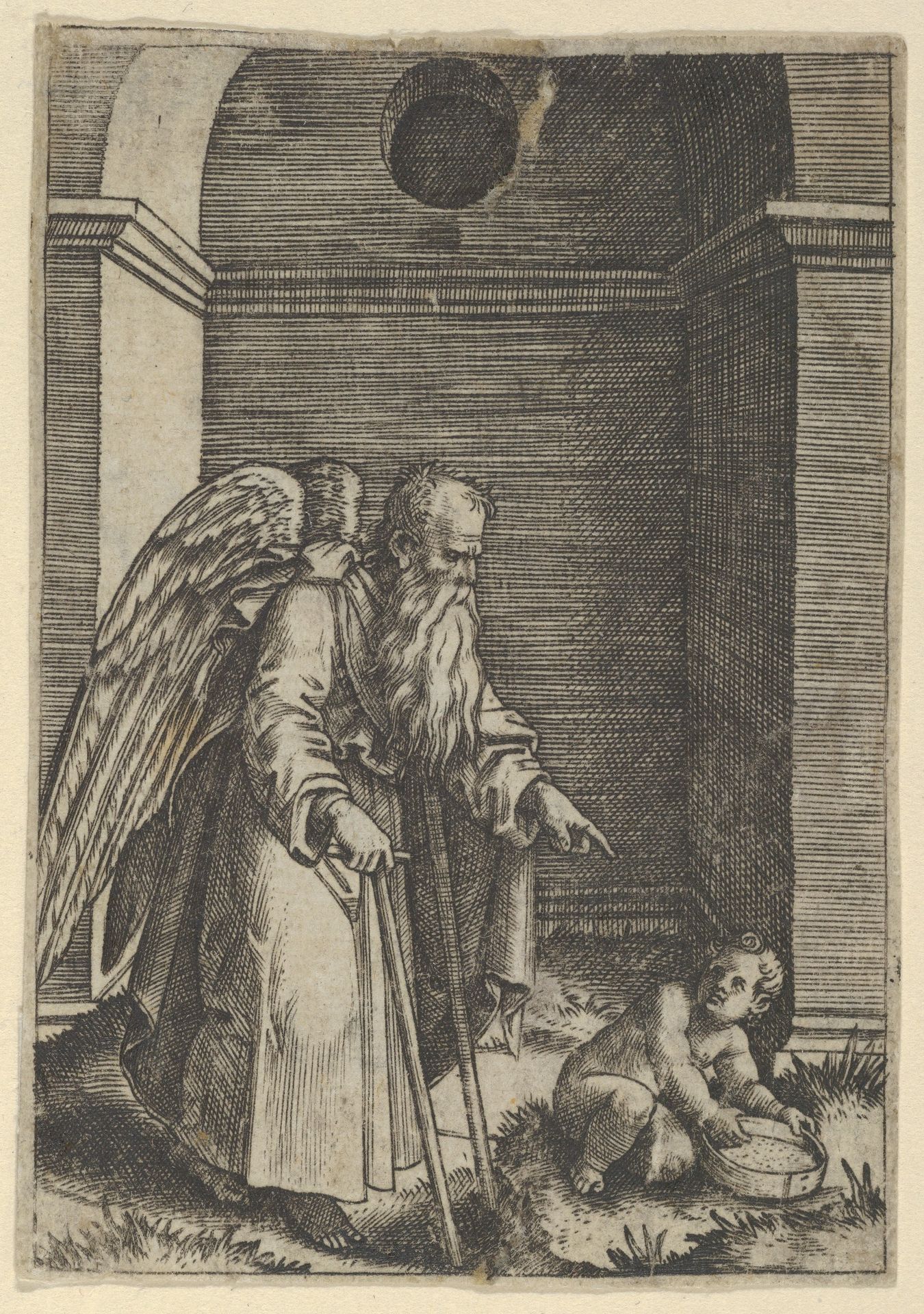 An elderly winged man with a long beard walking with crutches, possibly representing Time gesturing towards a young child holding a sieve by Marcantonio Raimondi